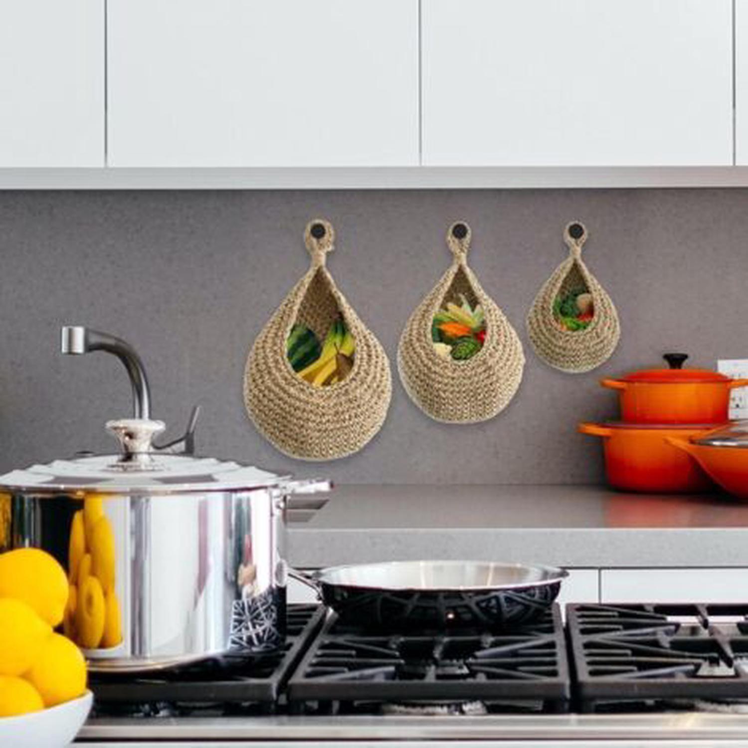 Panier mural en jute tressé à la main – Lot de 3 paniers suspendus en forme de goutte d'eau – Rangement fruits et légumes pour cuisine et salon - 2