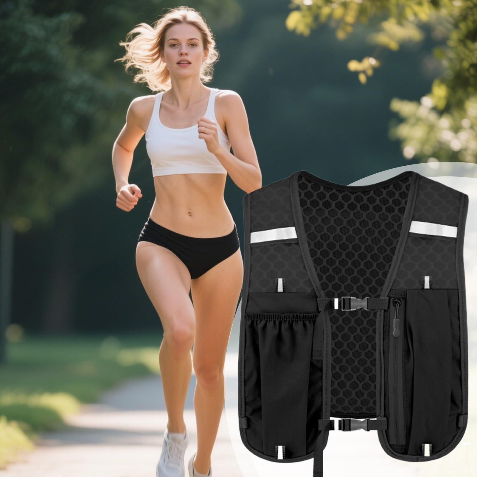 AUTRUCKER Gilet de course universel avec gourde de 550 ml - Gilet de randonnée outdoor, gilet de course réfléchissant, adapté à course à pied (noir) - 7