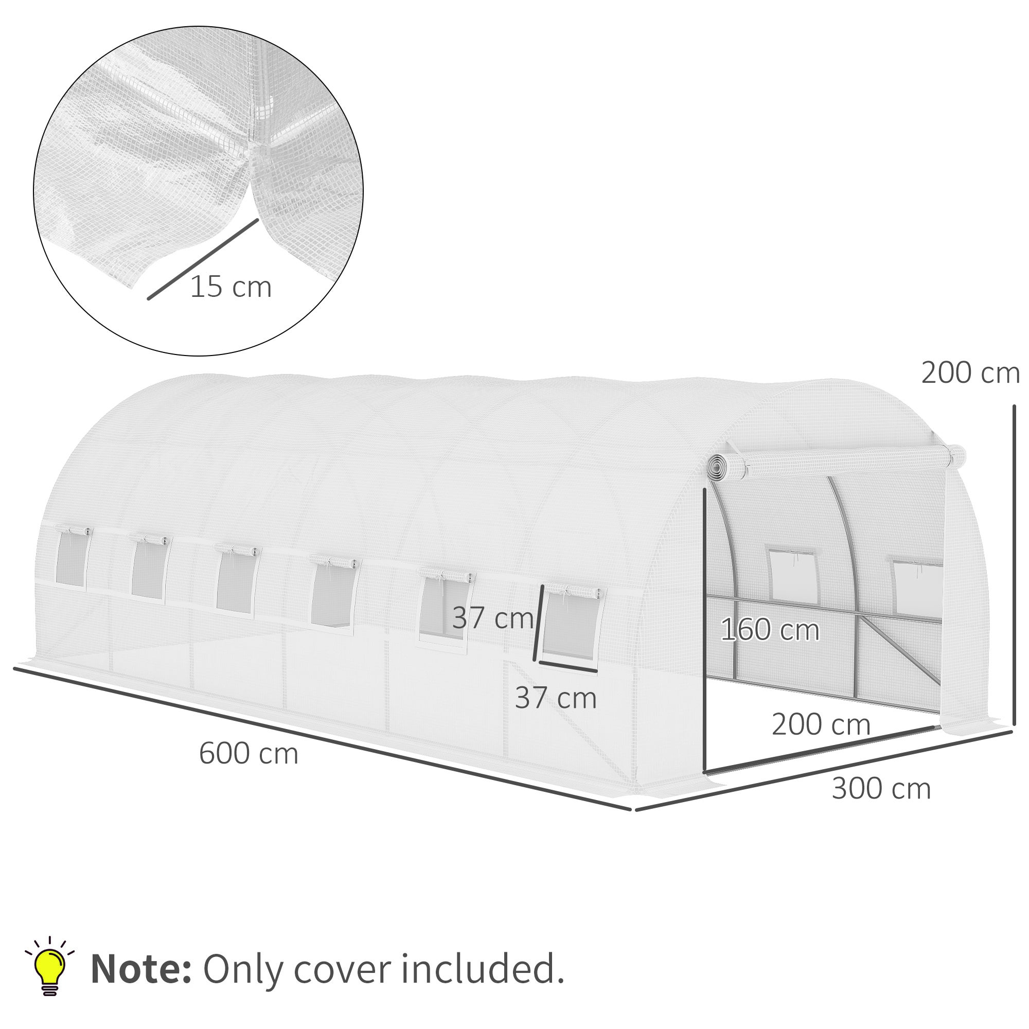 Bâche de Rechange Serre Tunnel 18 m², bâche 6L x 3l x 2H m PE Anti-UV imperméable 12 fenêtres + Porte Enroulable zippée - 5