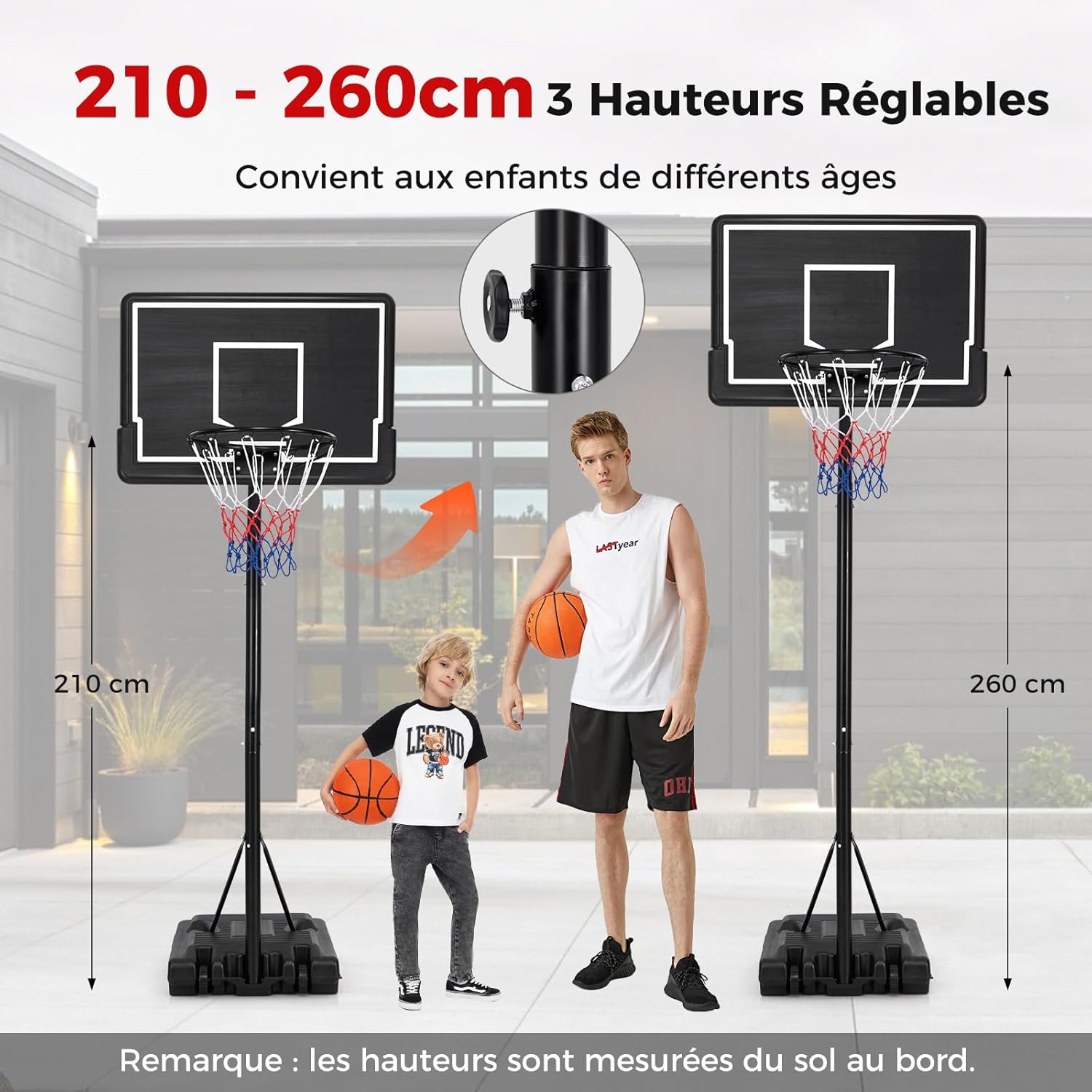 Canestro da Basket Portatile e Regolabile da 2,1 a 2,6 m, Canestro da Basket da Interno e Esterno con Base Riempibile, Tabellone in Policarbon - 6