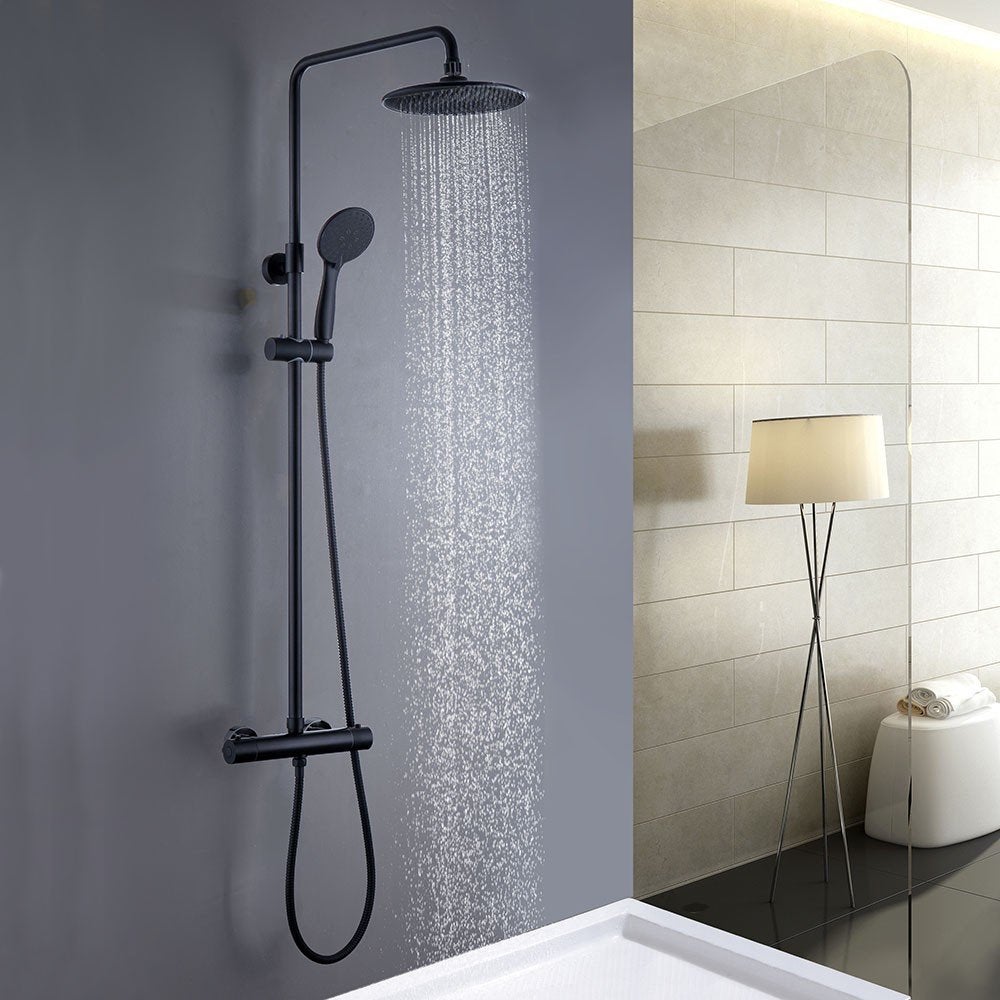 Kibath Columna de Ducha termostático | Altura regulable 83-120 cm |negro mate | Diseño cuadrado con rociador efecto lluvia y alcachofa - 2
