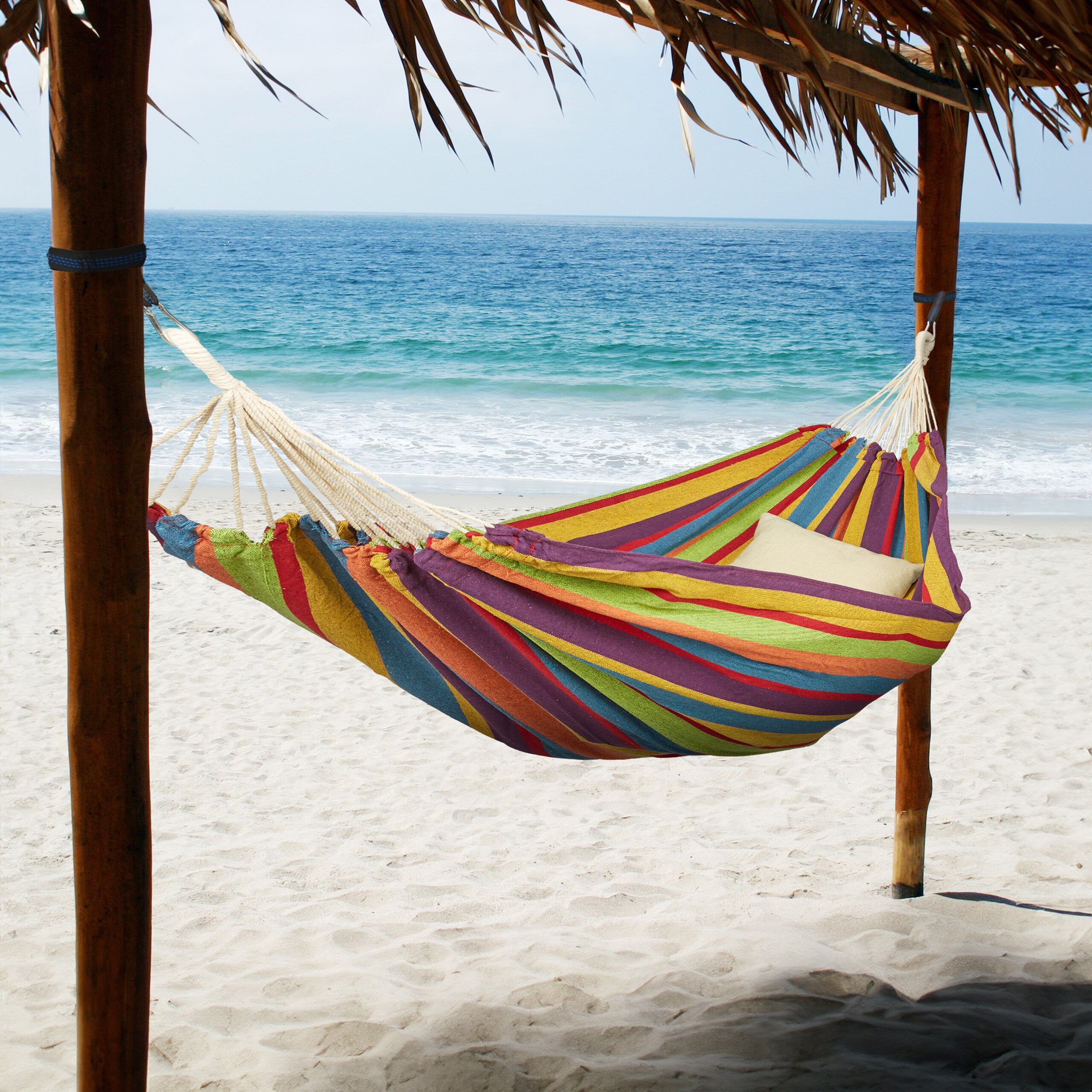 Hamac en coton, LxP : 150x190 cm, avec kit de fixation, jusqu’à 300 kg, transportable, XXL, multicolore, Relaxdays - 2