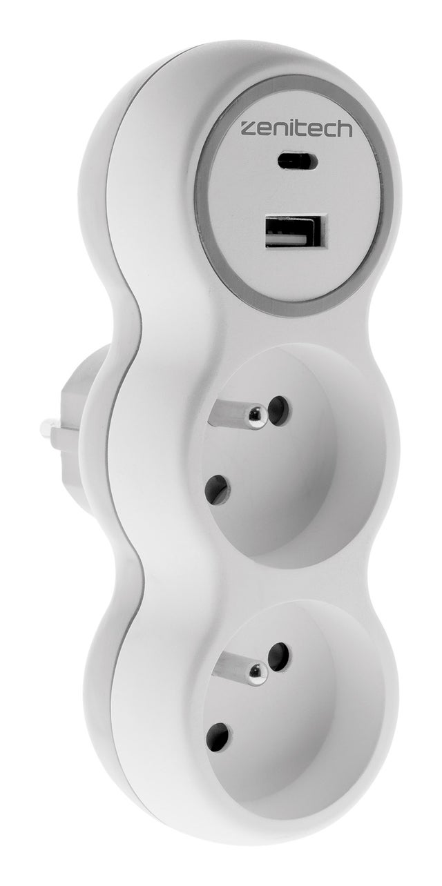 Prise 2x16A + 2 ports USB A/C - Blanc et Gris - Bolea - Zenitech