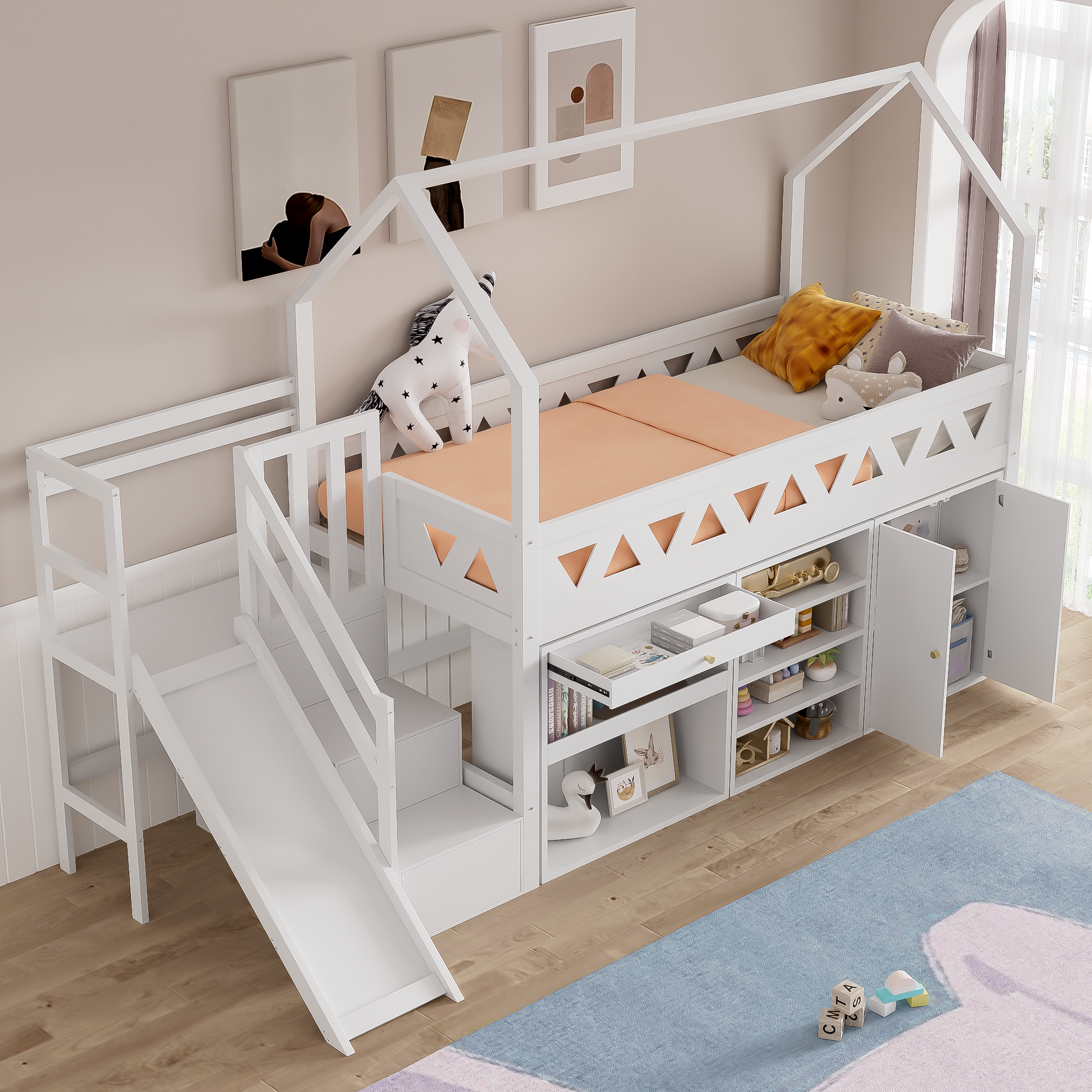 Łóżko piętrowe 90 x 200 cm ze zjeżdżalnią, schowkiem i szufladami - lite drewno + płyta MDF - białe (materac nie jest wliczony w cenę)
