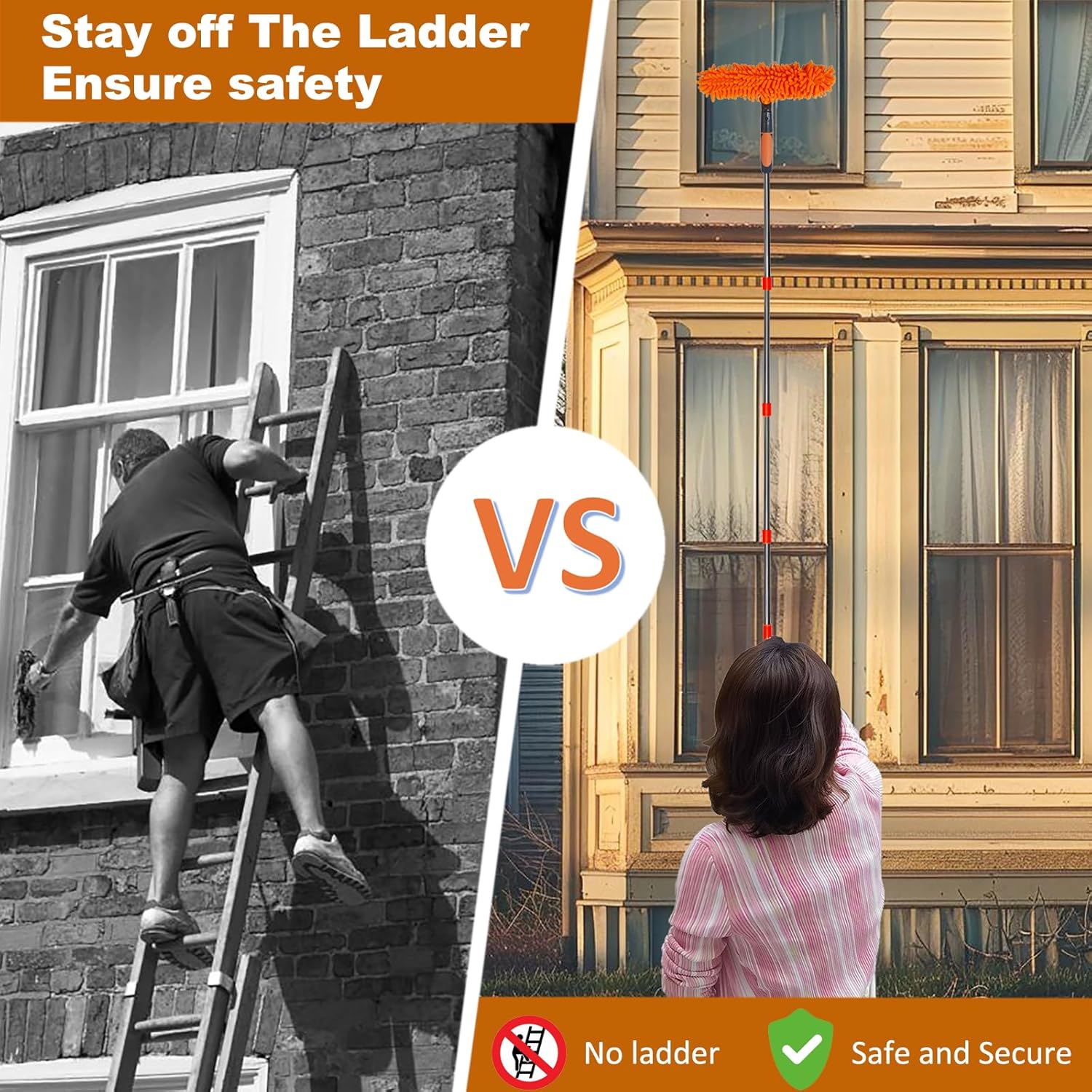 Nettoyeur de vitres 2 en 1 avec raclette et plumeau, portée de plus de 6 m - Outil rotatif avec perche télescopique de 0,9 à 4,2 m pour vitres et vitr - 6