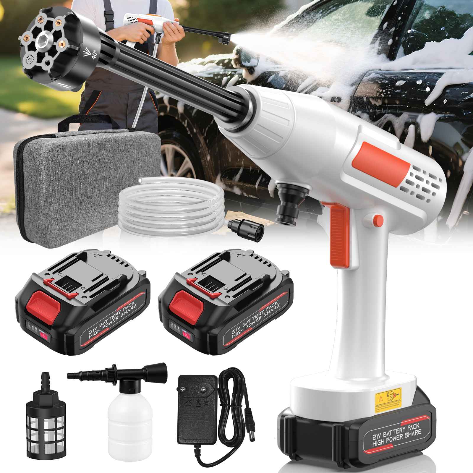 Myjka ciśnieniowa Aiorber z akumulatorem, 300 l/h, z 2 akumulatorami 10 000 mAh, 21 V, dyszą 6 w 1 i wężem 5 m, przenośna myjka ciśnieniowa