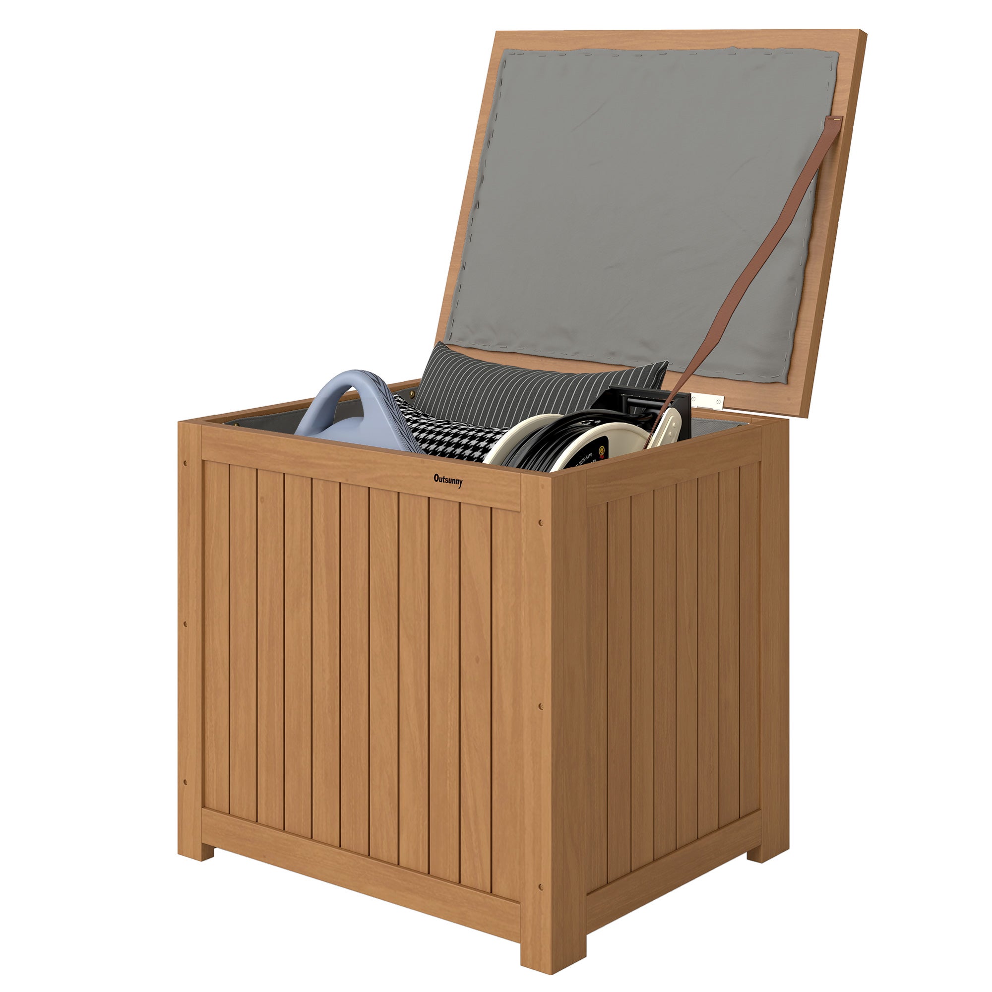 Coffre de rangement extérieur 130 L avec couvercle, charnières et sangle, en bois, 63 x 51 x 58,5 cm, marron - 2