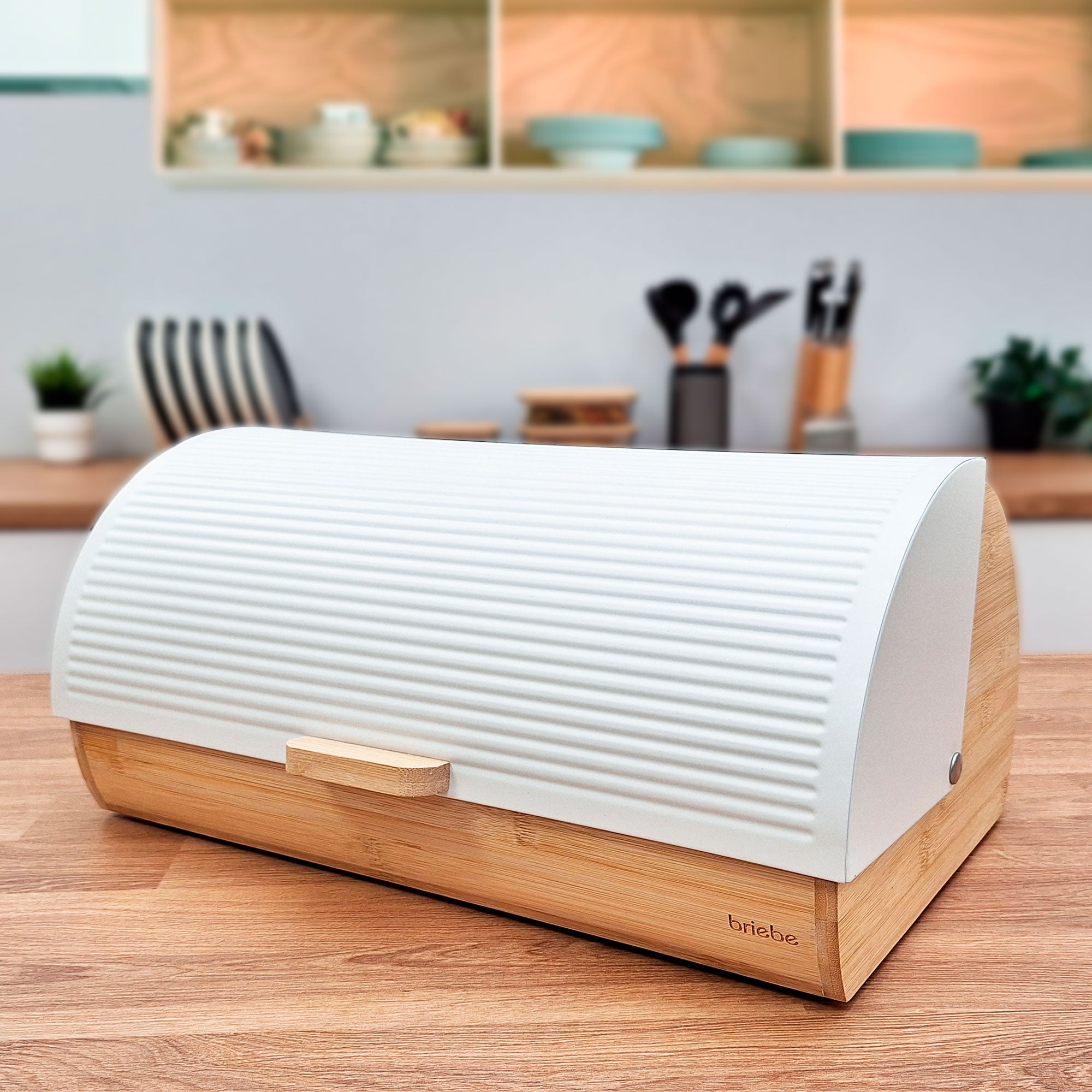 Panera para Guardar Pan de Mesa Madera Bambú, Tapa Deslizante Bread Box Almacenamiento Bollería, Briebe, Blanco, , BB1162 - 8