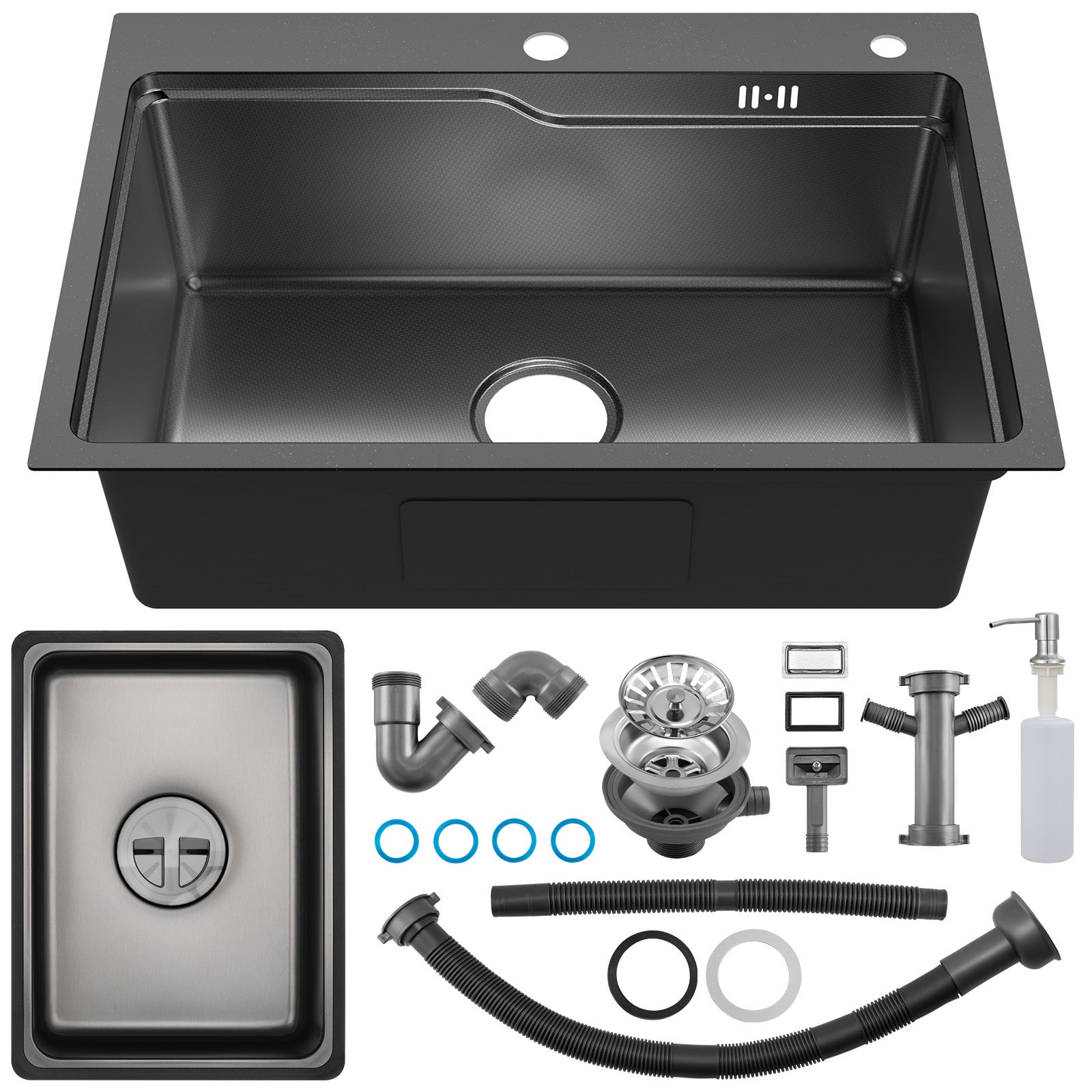 Auralum max Évier 1 Bac 68×48x21CM Évier Inox Noir avec Vasque + Distributeur de Savon - Évier à Encastrer/A poser - 6