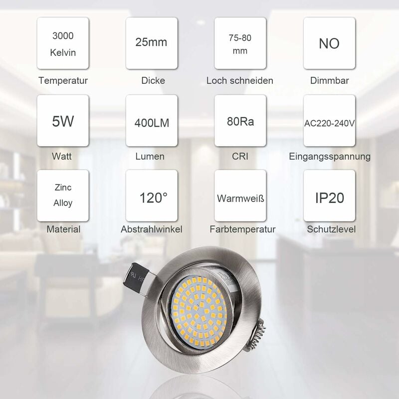 Set di 8 faretti da incasso a LED piatti 220V 5W Faretti da soffitto a LED orientabili Bianco caldo 3000K, Faretto da incasso rotondo in acciaio IP20 - 3