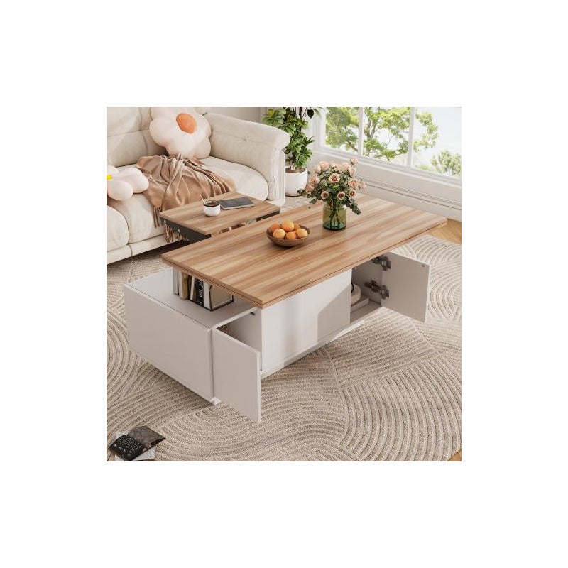 Moderner Couchtisch mit Doppel-Hebemechanismus, verstecktem Stauraum, Weiß Holz, Belastbar bis 50 kg