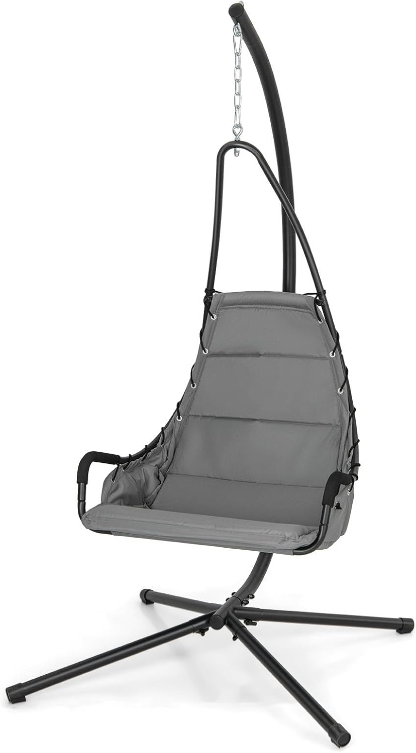 Wiszący Fotel z Podporą do Wnętrz i na Zewnątrz, Szary, Wyściełane Siedzisko, Metalowa Rama w Kształcie „X”, Nośność 120 kg