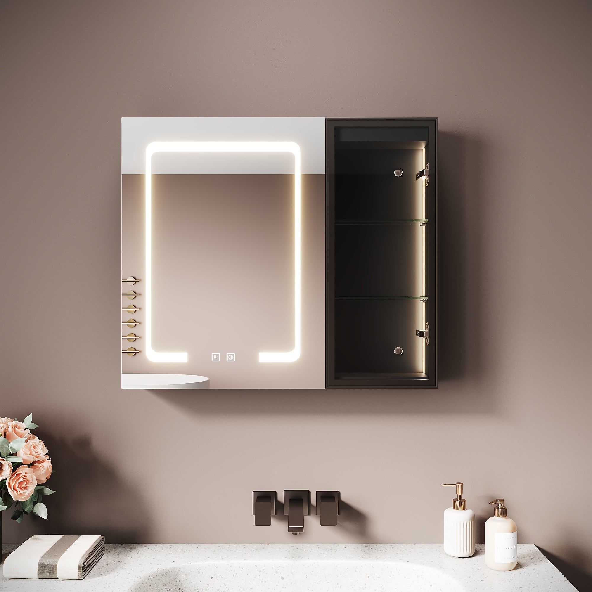 Armoire Miroir Salle De Bain Avec éclairage LED Et Désembuage - 75x65 Cm - Cadre Alliage Aluminium Noir - Prise Et USB Intégrées - Montage Mural