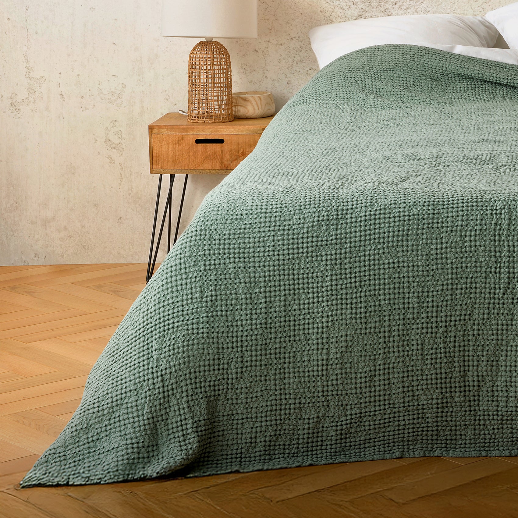 Plaid ou couvre lit 100% coton nid d’abeille - Vert - 240x260 cm - Coton - 2