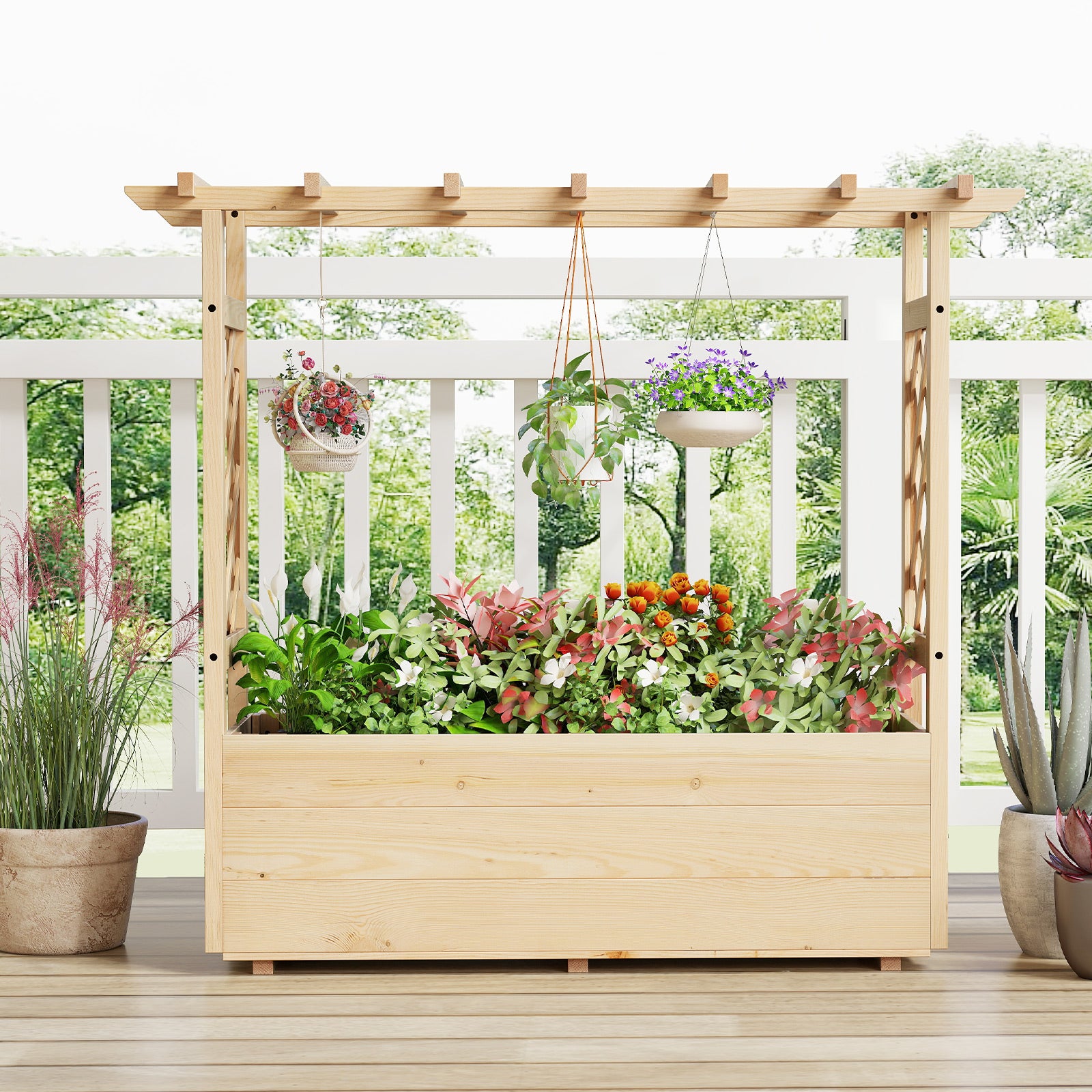 Jardinière Surélevée en Bois Massif avec Treillis, Toit Suspendu, Drainage, pour Plantes Grimpantes, Fleurs, Légumes, 115 x 40 x 103 cm - 9