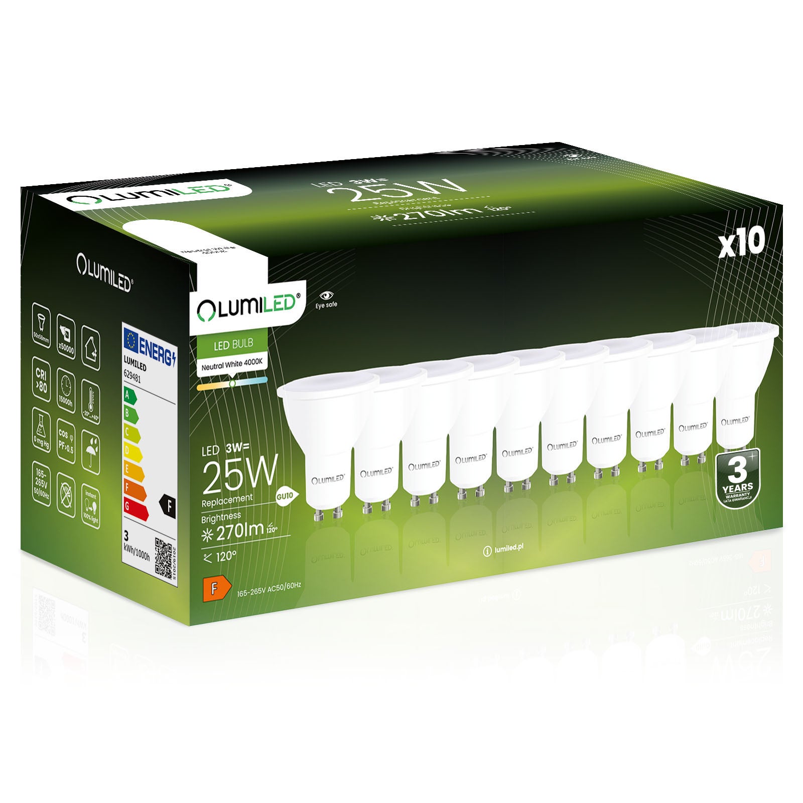 10x Żarówka Lumiled LED GU10 Reflektor PAR16 3W = 25W 270lm 4000K Neutralna 120st
