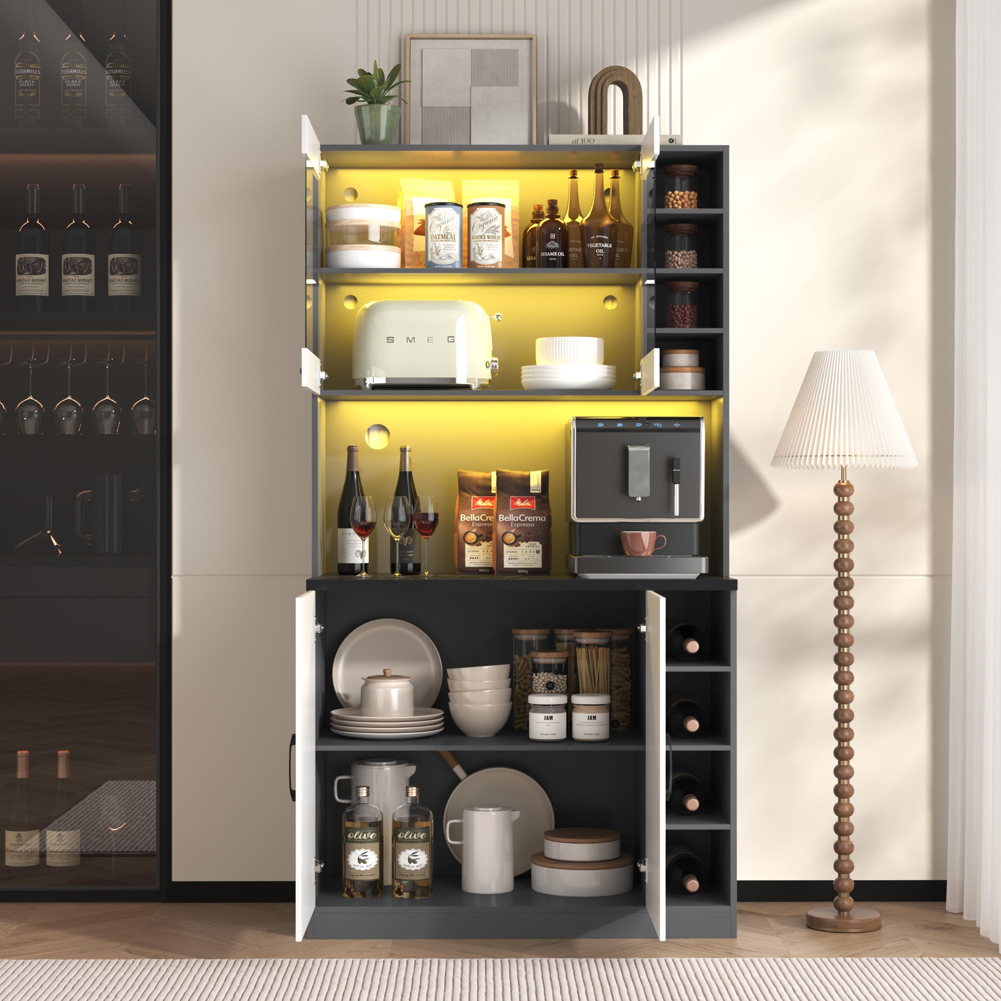 Kredens kuchenny 100x47x187cm - z LED - 2 drzwi - Biały+Czarny