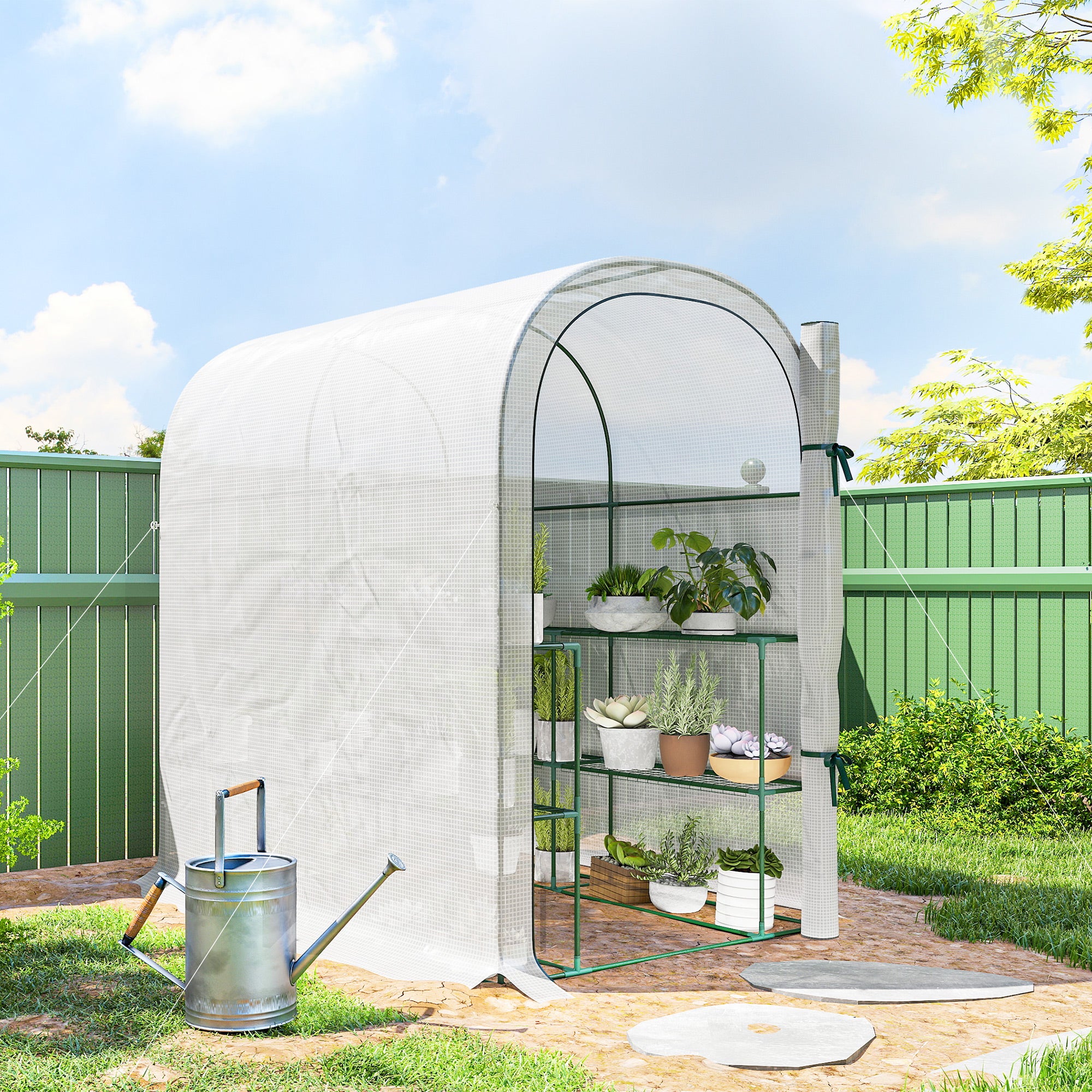 Serre de jardin avec étagères, 123x187x189cm, petite serre avec porte enroulable, bâche PE haute densité 140 g/m², blanc - 4