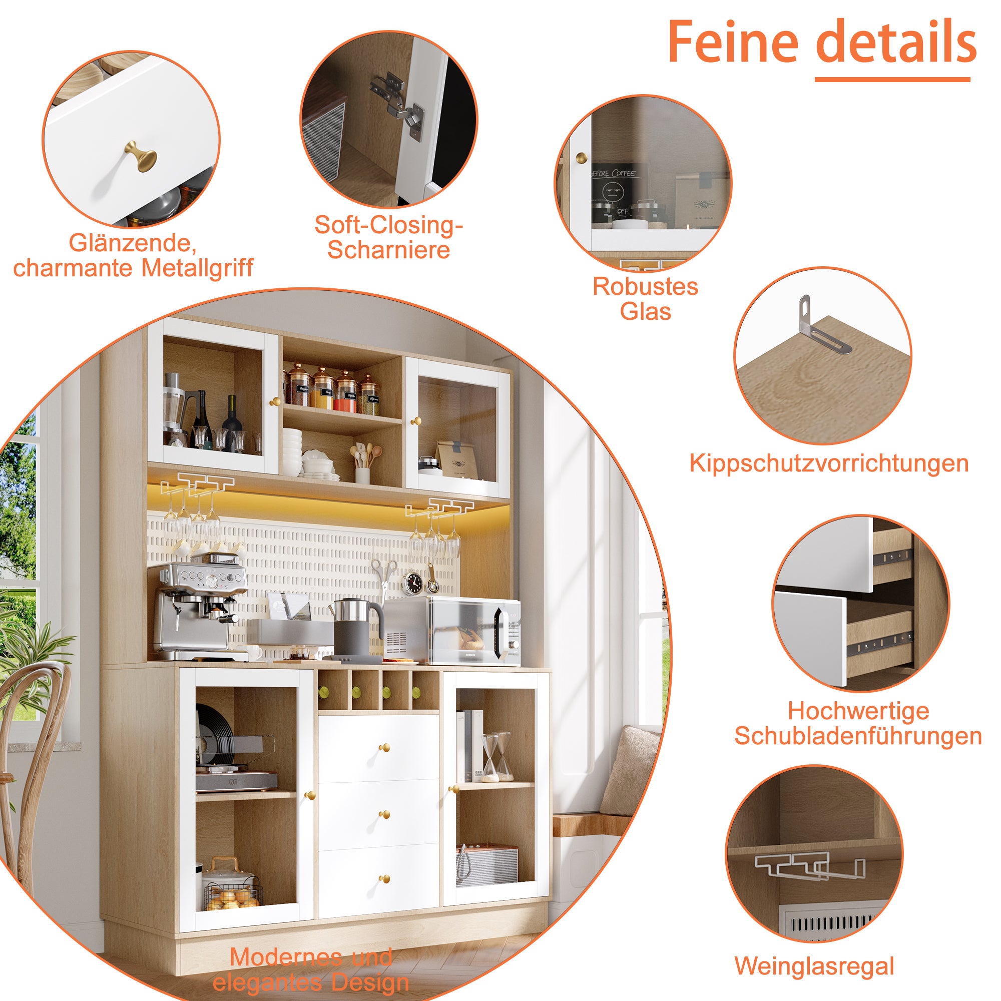 Buffet haute de cuisine avec lumières LED etporte-verres à vin,Armoire haute de cuisine moderne 140×40×185.7cm,Avec tiroir et étagère réglable,Blanc - 9