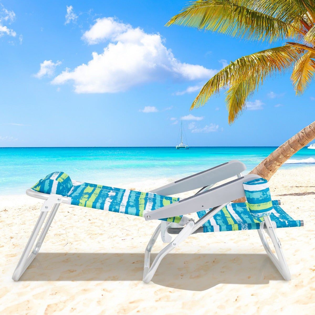 Lot de 2 chaises de plage pliantes, inclinables et légères, avec 5 positions réglables, coussin Lot de 2 chaises de plage pliantes, inclinables et légères, avec 5 positions réglables, coussin