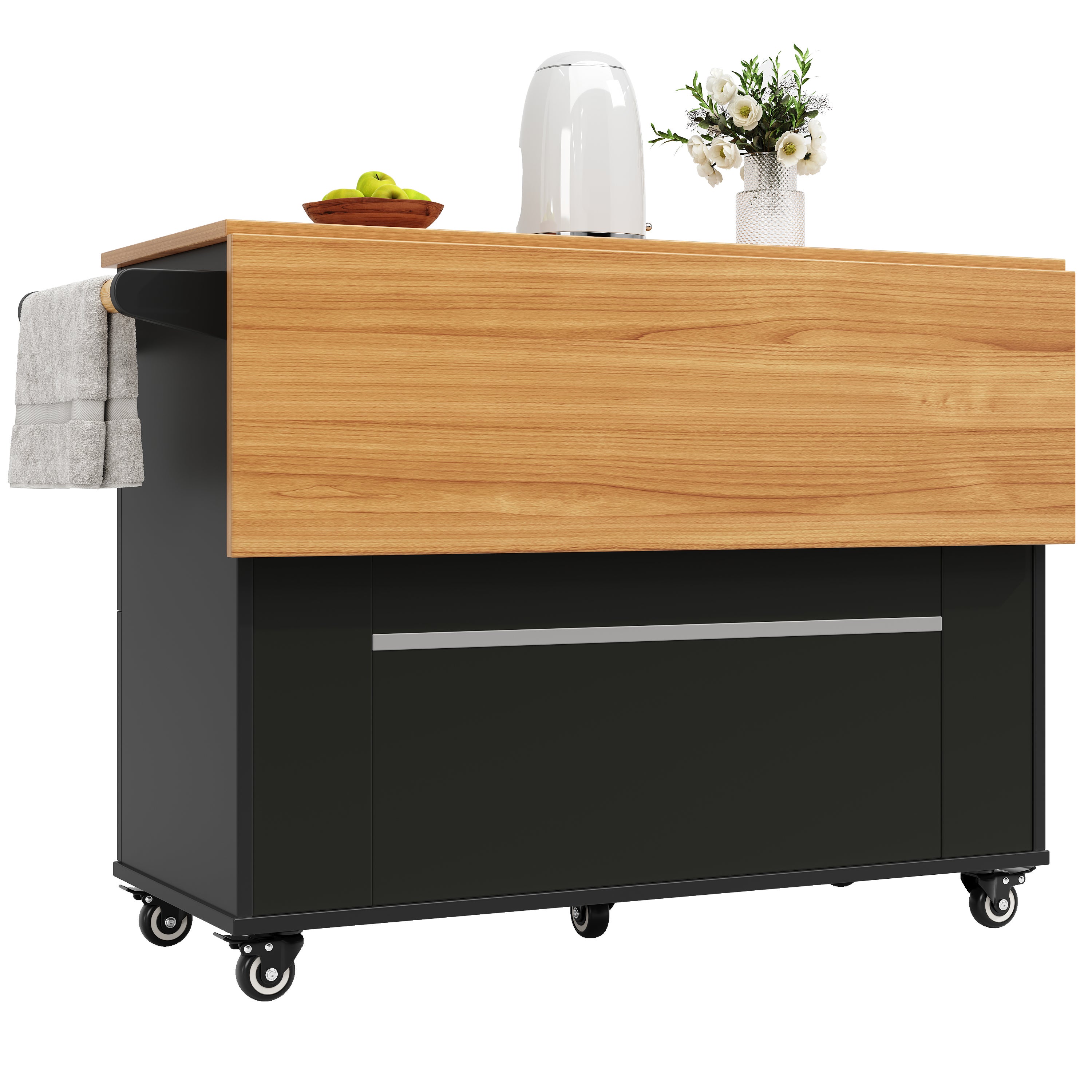 Ilot central de cuisine mobile avec 2 portes, 3 tiroirs et porte-serviette - Plateau extensible - 120.8x37.3/70x88cm - MDF - Noir + naturel - 5