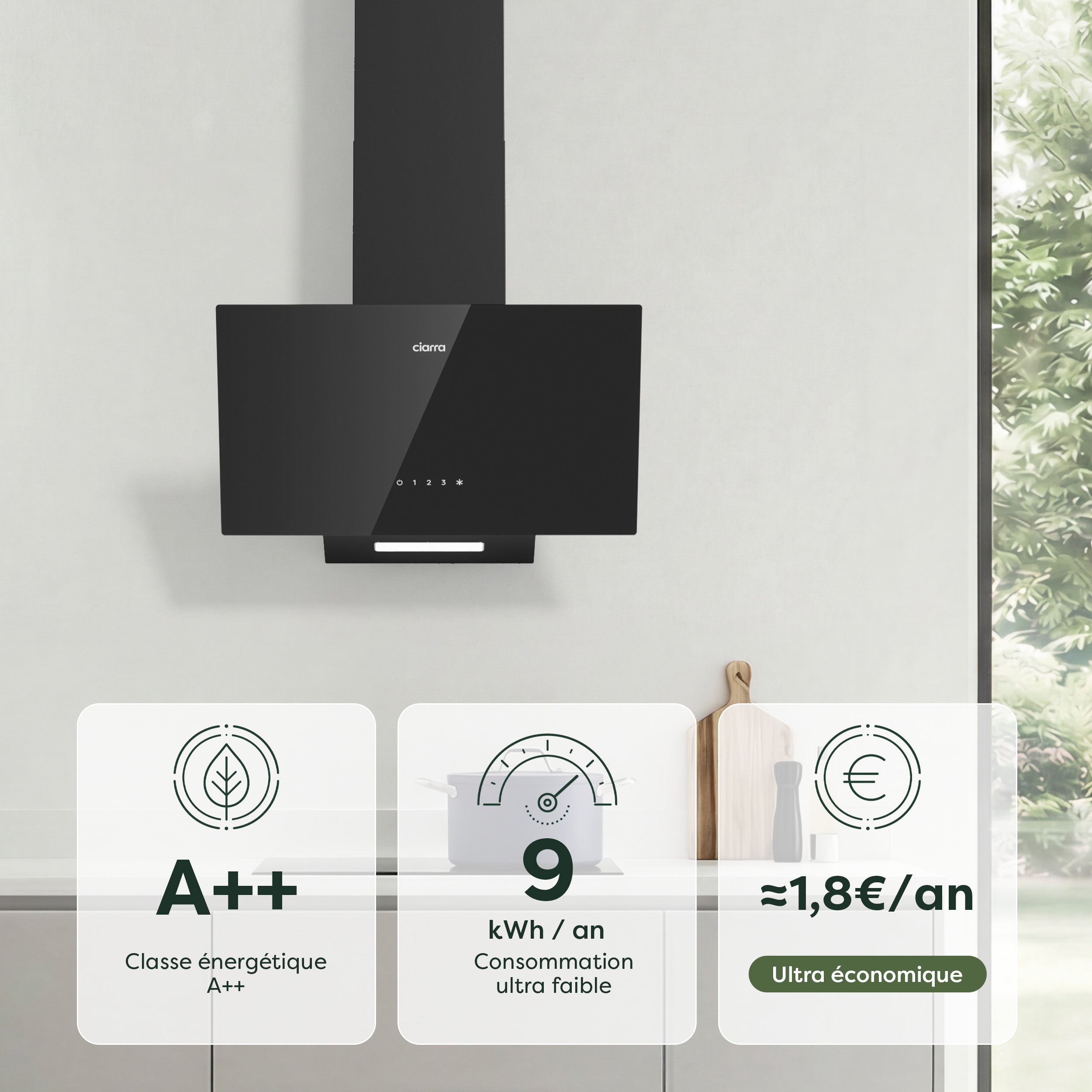 CIARRA Hotte Aspirante Inclinée 60cm 362 m3/h Classe A++ Recyclage Ou Evacuation Noir CD6750CB - 4