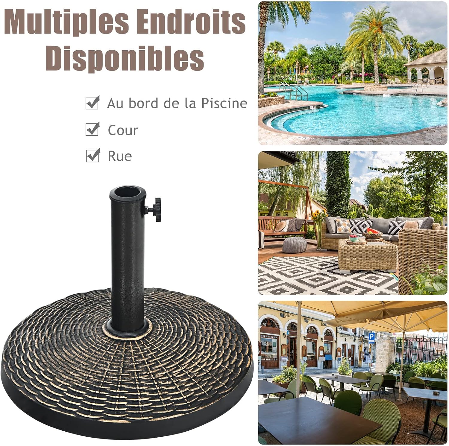 KOMFOTTEU Pied De Parasol Rond 12kg - Rotin Design, Pour Mât 39/48mm Jardin Terrasse