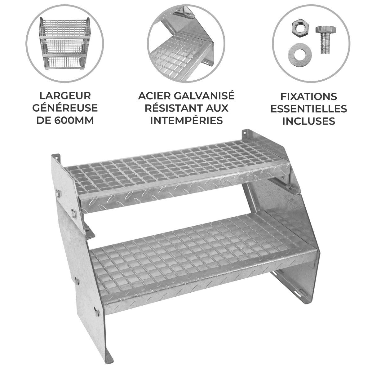 Scala in metallo a 2 livelli regolabile in altezza 60 cm di larghezza Acciaio zincato argento 2 gradini regolabili - 2