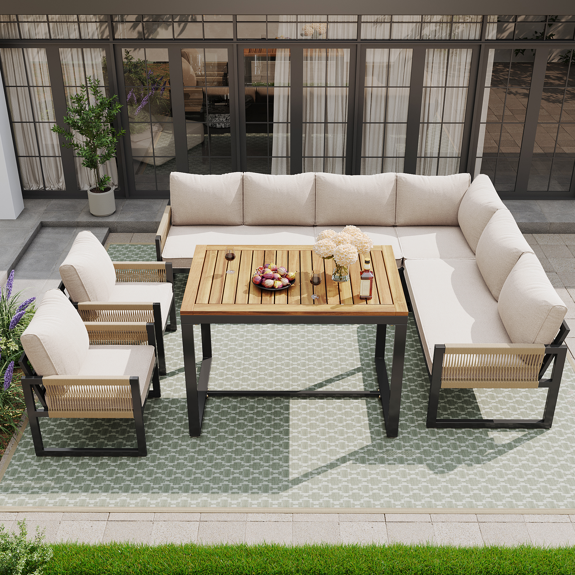 Salon bas de jardin en résine 100% synthétique Beige 8 personnes - 3