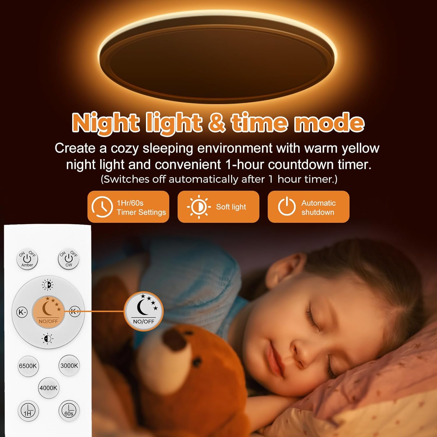 Plafonnier LED Dimmable, Lampe de Plafond 24W 2800LM avec Télécommande, 1800K Veilleuse de Couleur Chaude, 3000K-6500K Luminaire Plafonnier Rond Ø30CM - 2