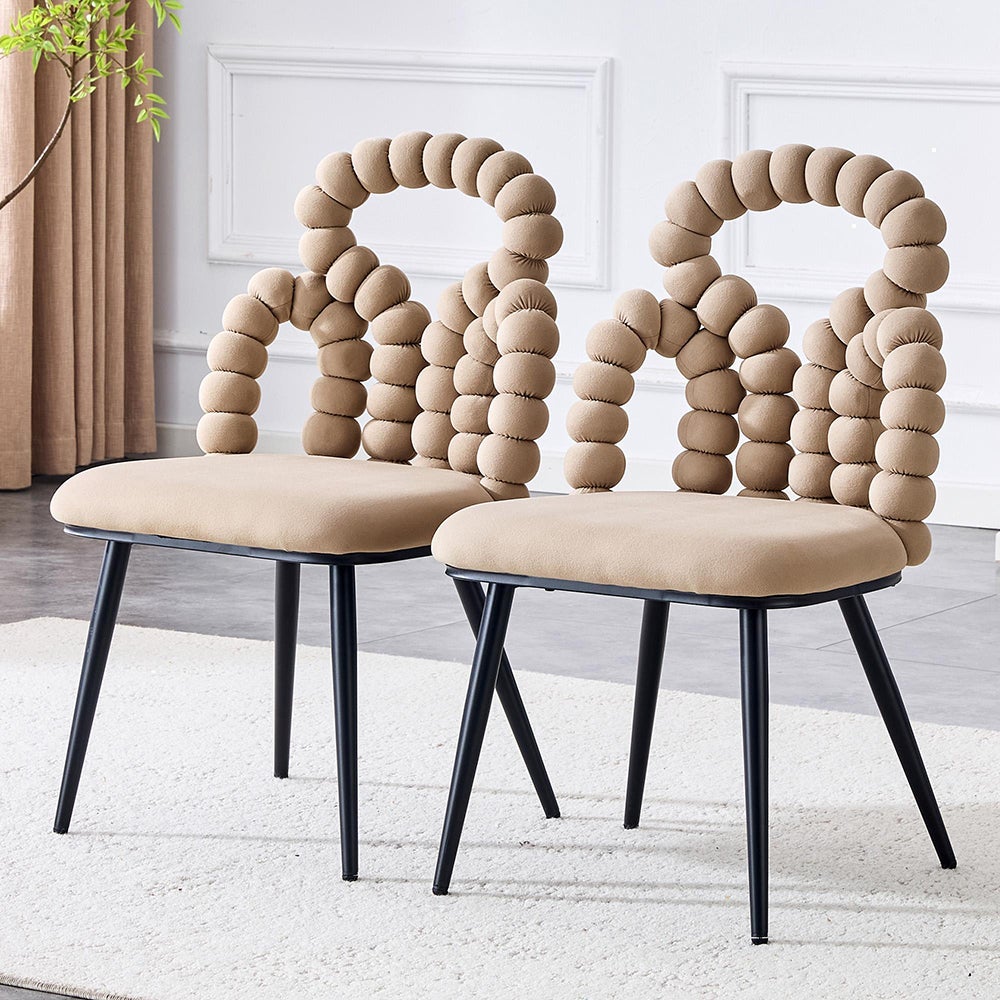 Krzesła do jadalni z aksamitu (zestaw 2 sztuk) z oparciem w kształcie kulek i łańcuchów, solidne nogi z czarnego metalu, kolor camel