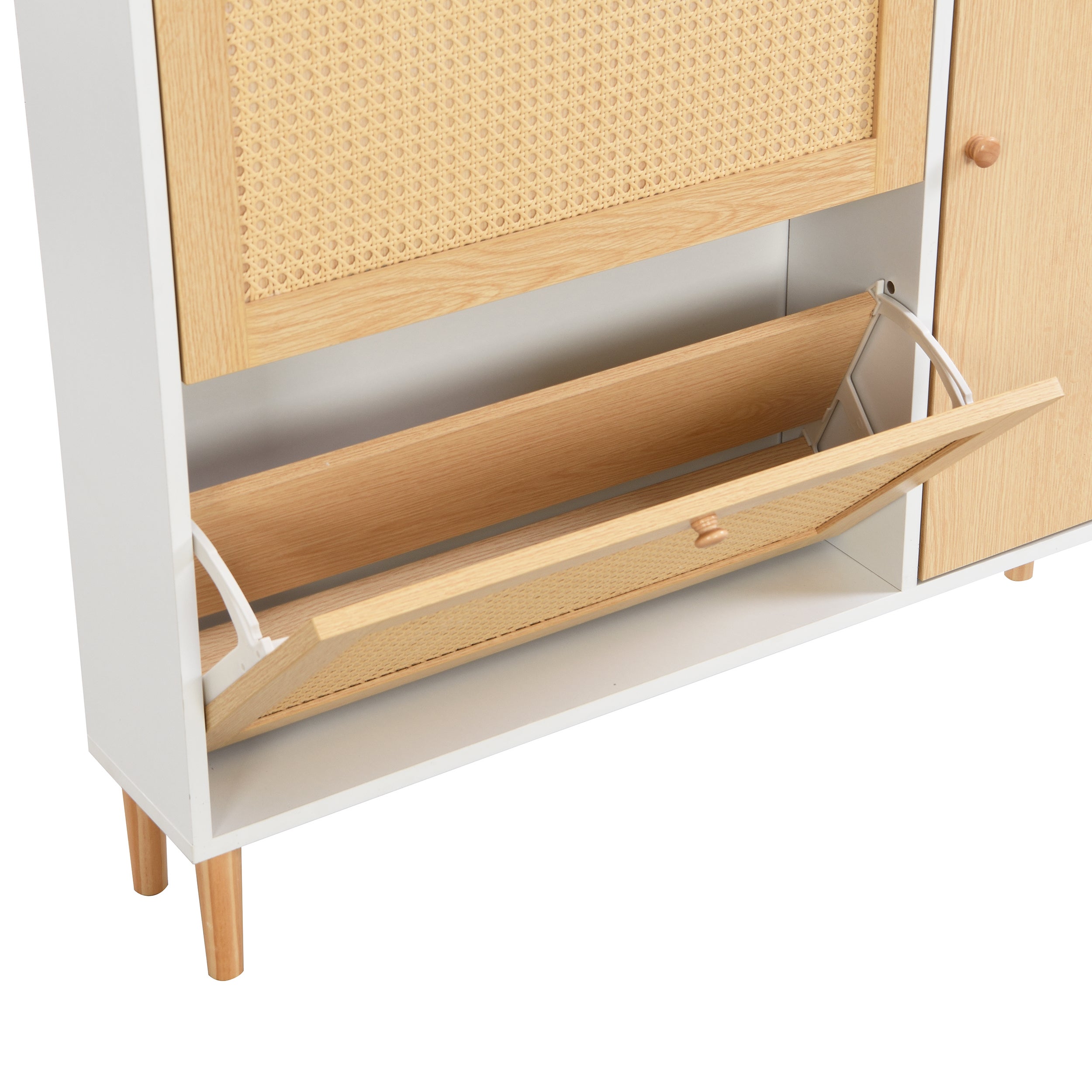 Scarpiera in legno e rattan - 3 ante a ribalta e 1 cassetto - ripiano regolabile - Naturale e Bianco - 6