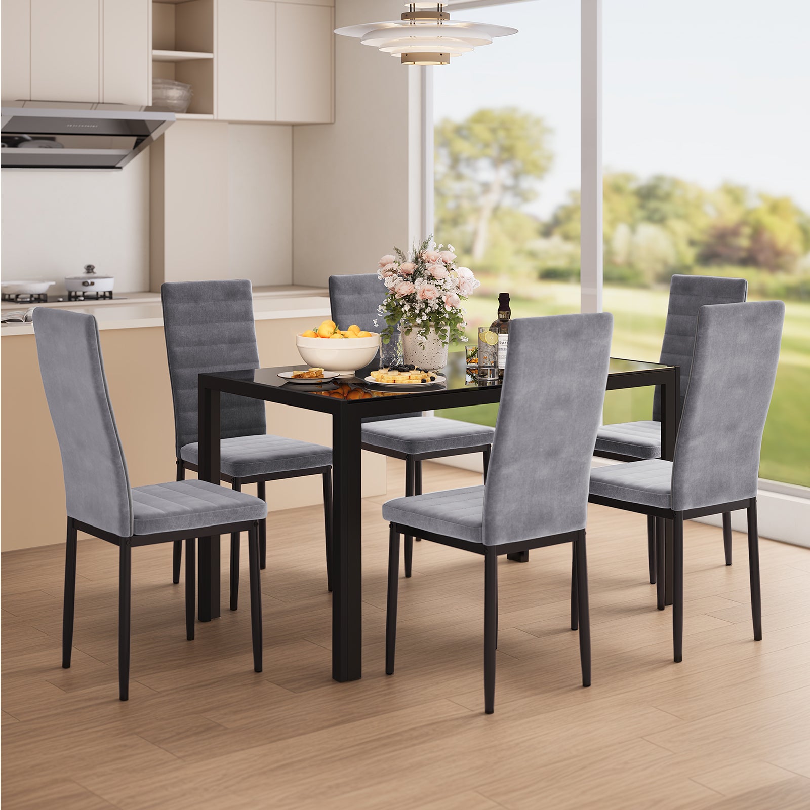 Bealife Set di 6 Sedie da Pranzo Moderne con Rivestimento in Velluto, Struttura Metallo e Piedini con Gomma Antiscivolo - Grigio Chiaro - 2