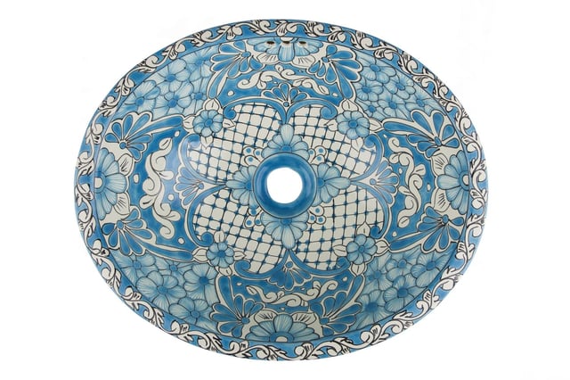 Lavabo à Poser En Céramique Talavera – Bleu Décoratif, Fait Main, Mexique, Vasque Ronde 44cm