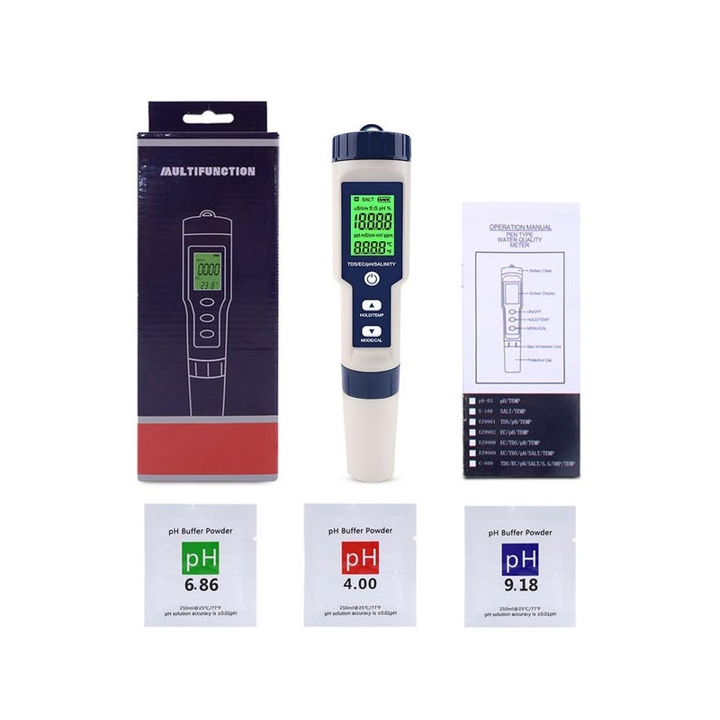 Etroniczny miernik pH 5 w 1 z pomiarem TDS, EC, zasolenia i temperatury; tester pH i zasolenia do basenów z automatyczną kompensacją temperatury