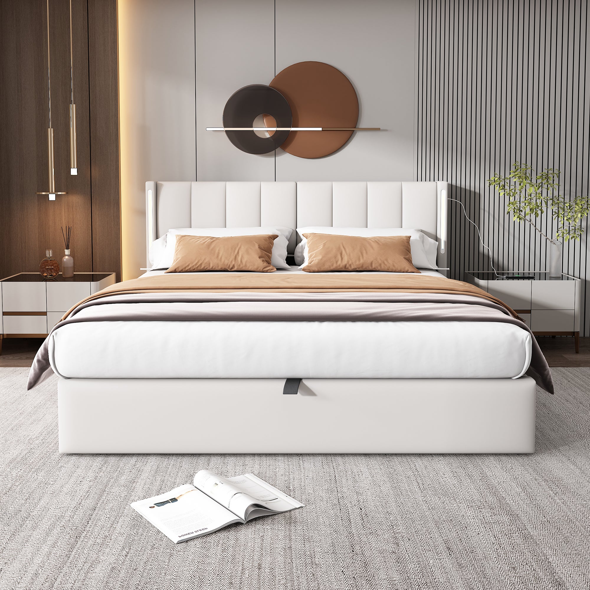 Cama contenedor tapizada en piel sintética - 160x200 cm - con puerto USB y LED - cabecero de ángulo ajustable - Blanco - 3