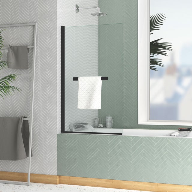 Pare baignoire Rabattable avec porte-serviette 70x120 cm - Profilé Noir Mat - Verre 4 mm