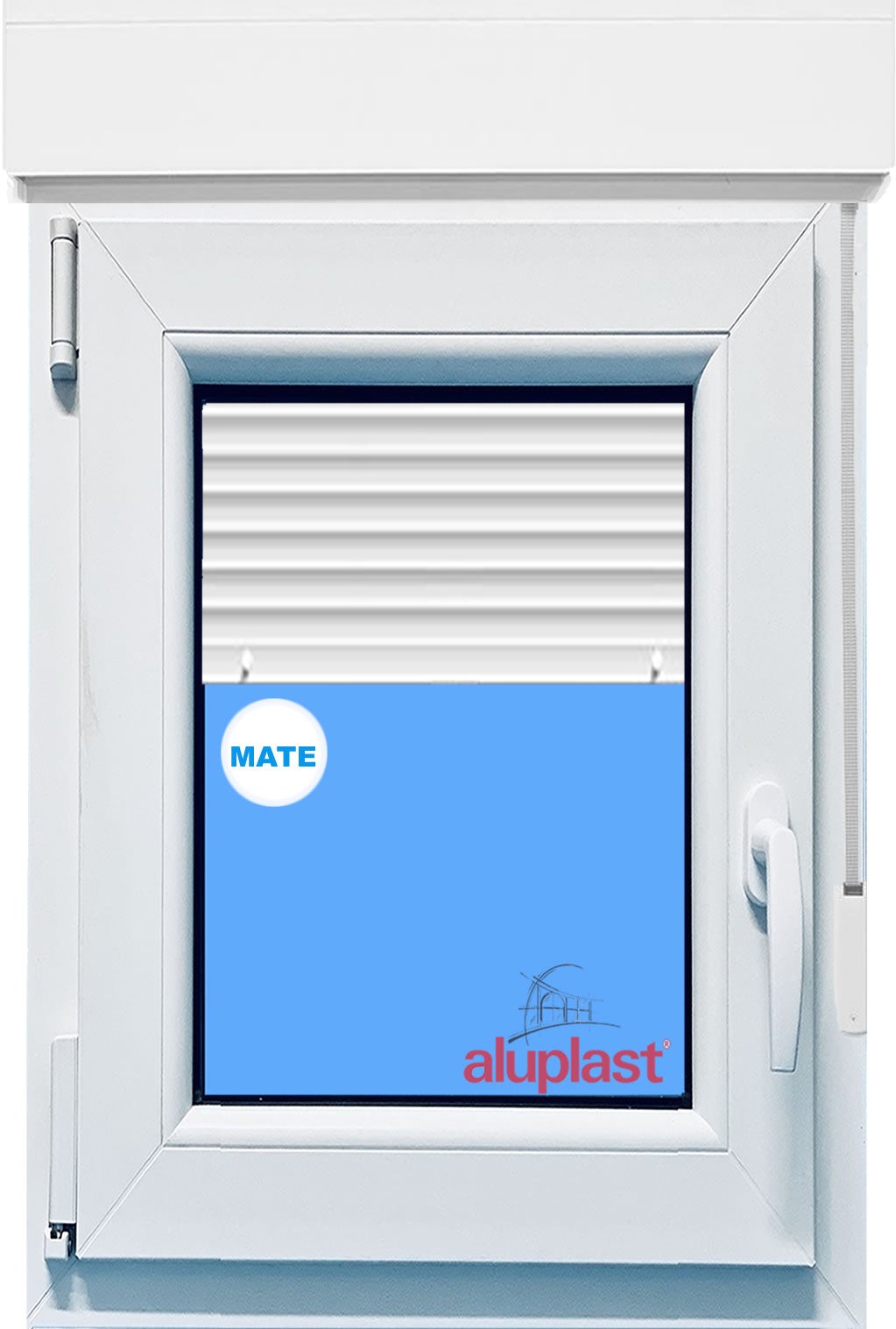 Ventana pvc 700x1155 blanca oscilobatiente izquierda con persiana vidrio mate