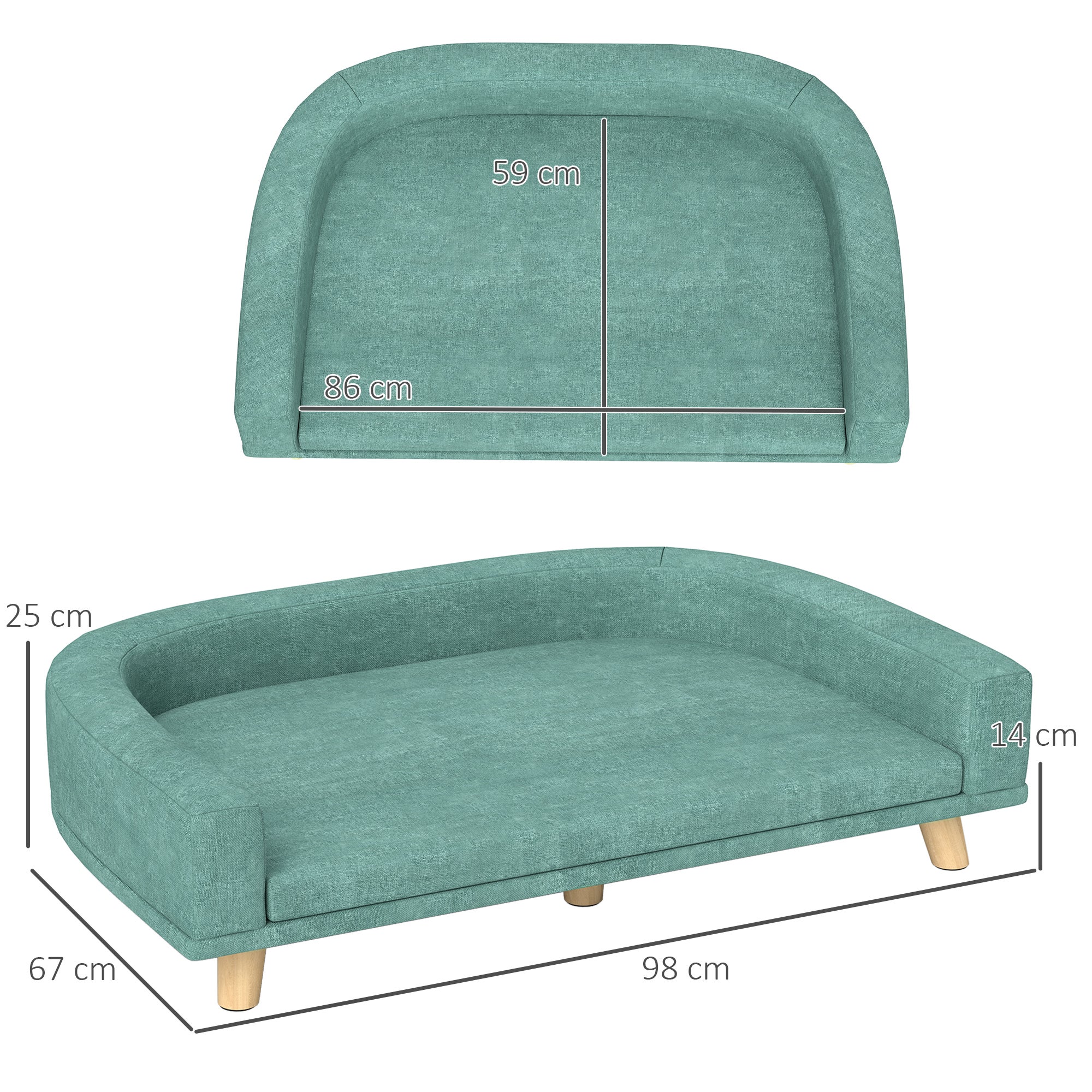 PawHut Sofá para Perros Grandes Cama Elevada para Perros Tapizada con Cojín Lavable y Patas de Madera de Pino Carga 40 kg 98x67x25 cm Verde - 3