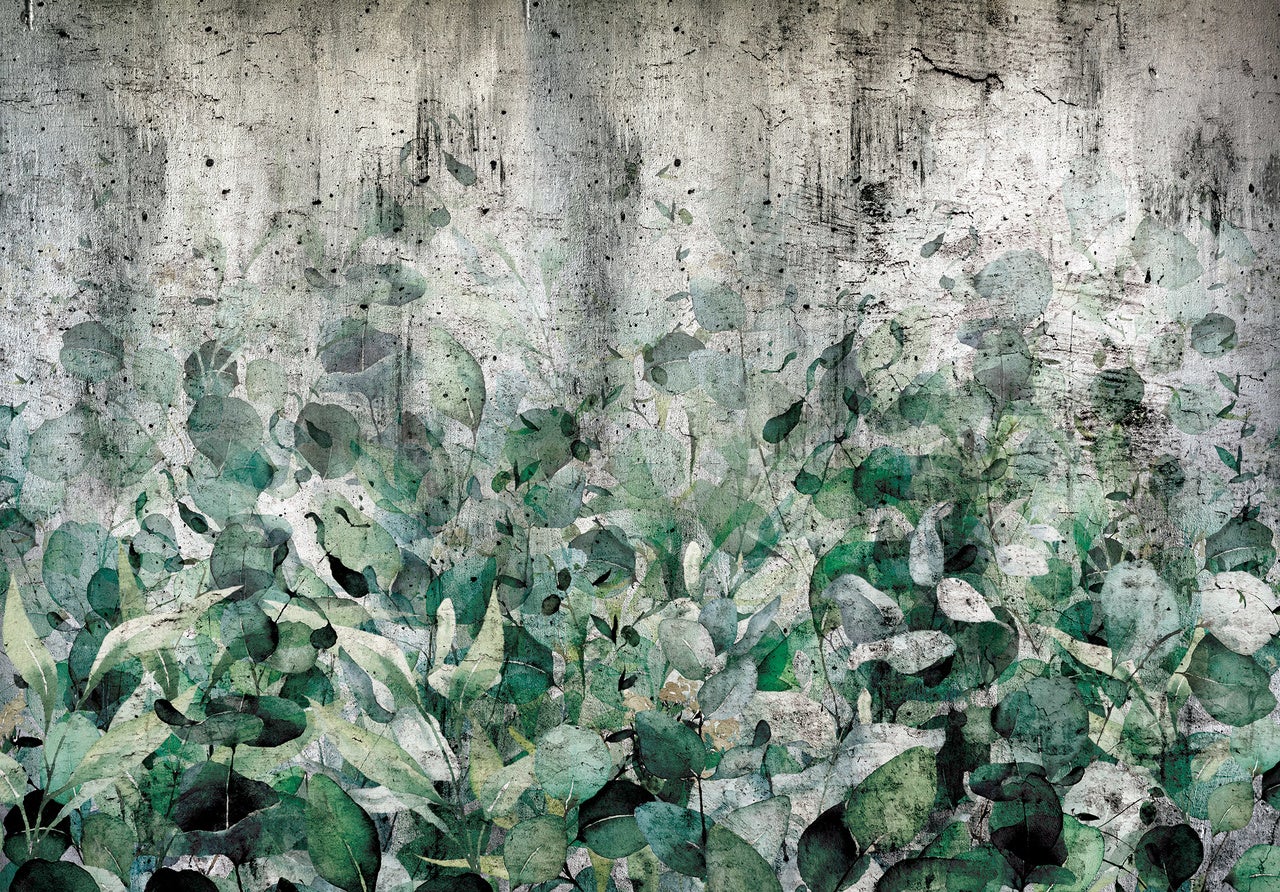 Papel pintado fotografia panorámica hojas vintage efecto 3d hormigón verde 312x219 cm - incluye cola - moderno salon dormitorio papel no tejido