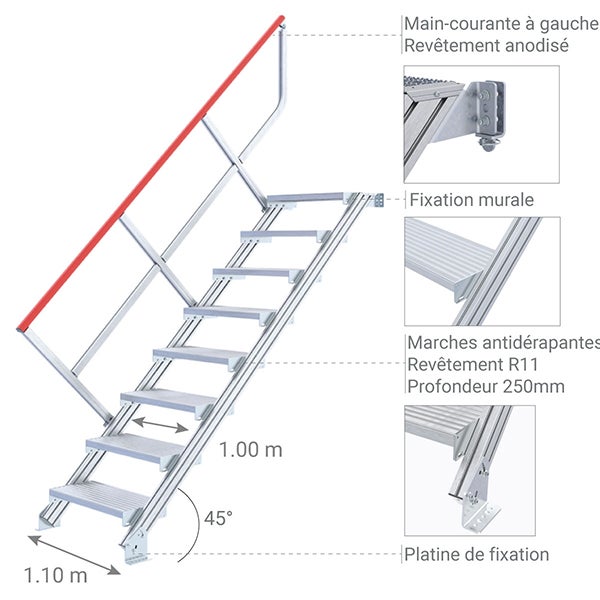 Escalier industriel 4 marches - Hauteur à franchir 0.85m - Inclinaison 45° - Main-courante à gauche - 22111004 - 4