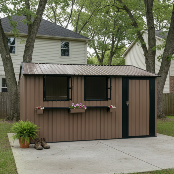 Abri Jardin 10,21 m² – Acier Galvanisé, 3 Fenêtres, Portes Doubles, Imperméable – Marron/Noir - 5