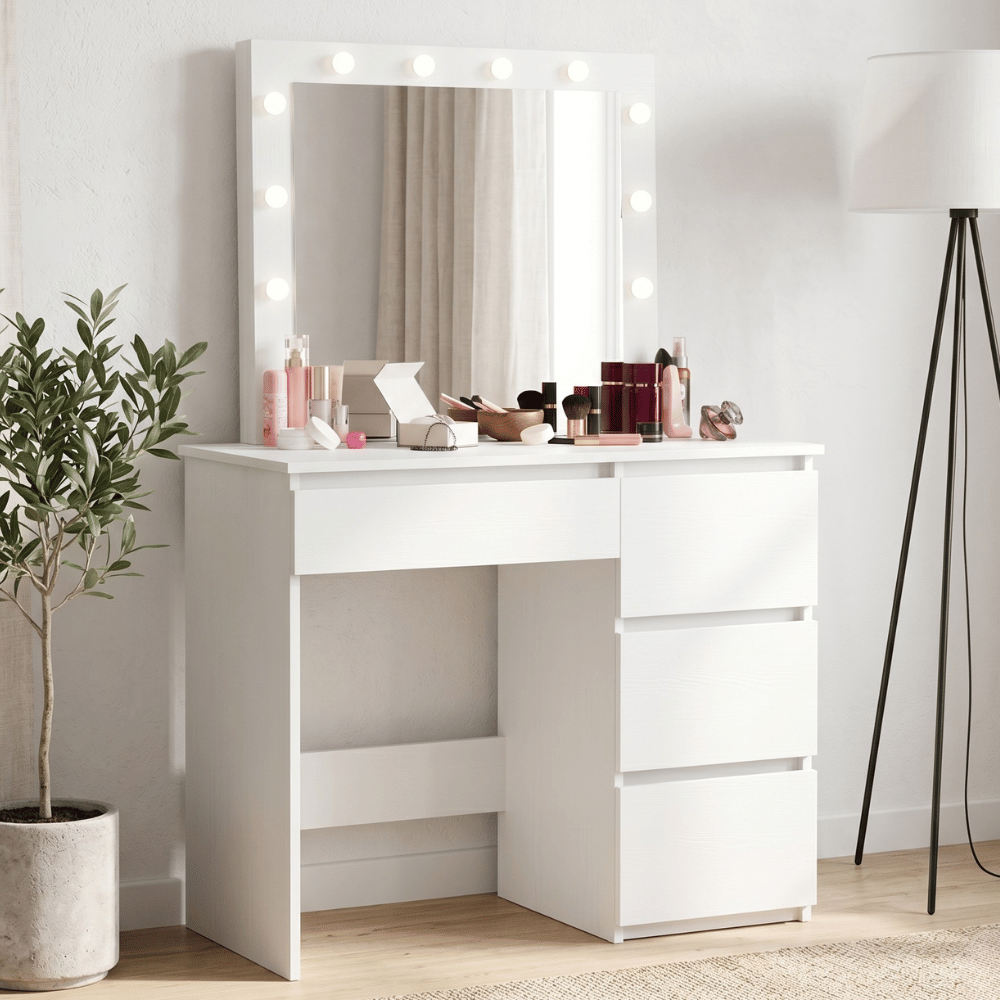 Toaletka kosmetyczna z lustrem do makijażu wizażu z szufladami i oświetleniem LED 90 cm FUNFIT biała