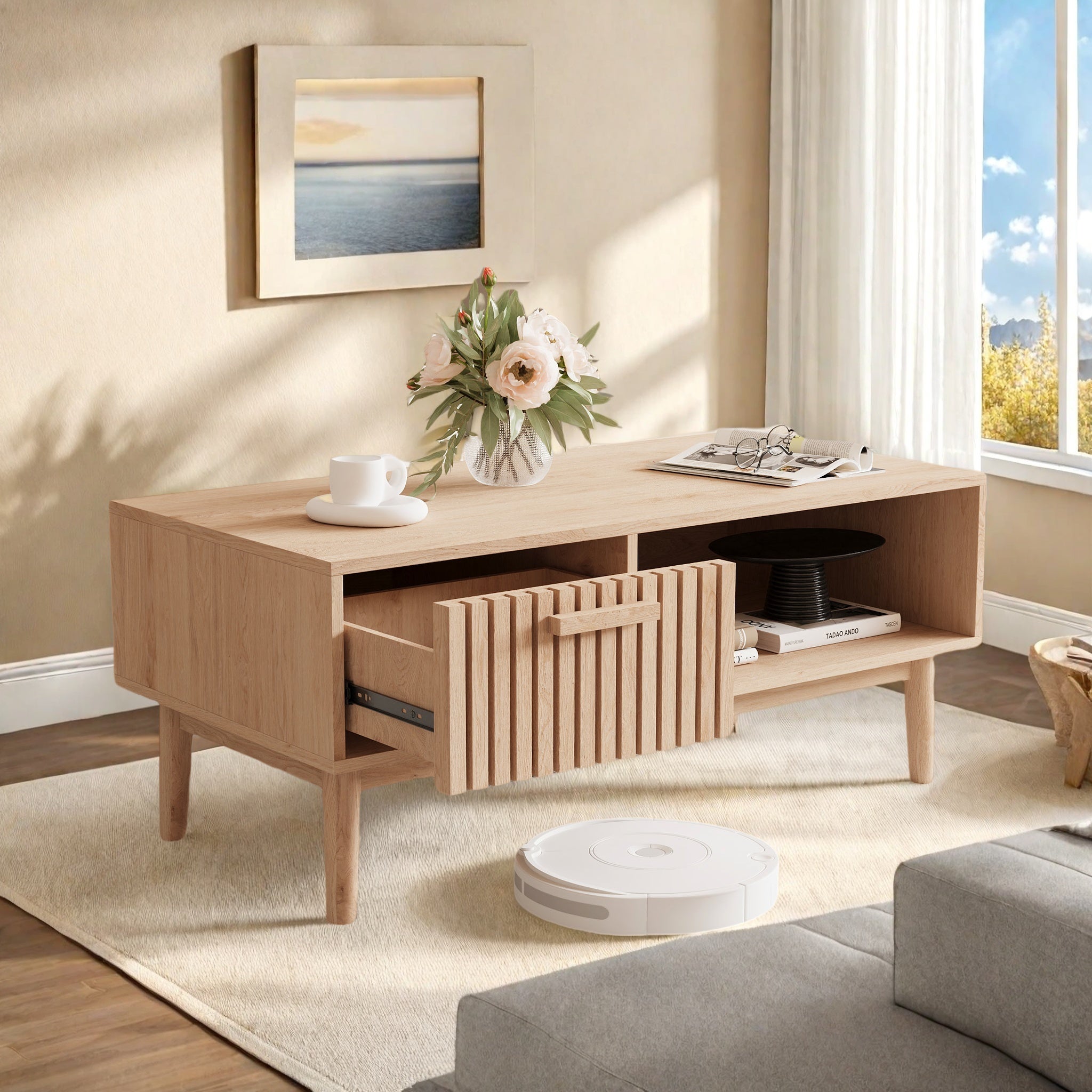 Table basse, pieds en bois massif, poignées en bois, structure en bois, table d'appoint, table basse en bois - 3