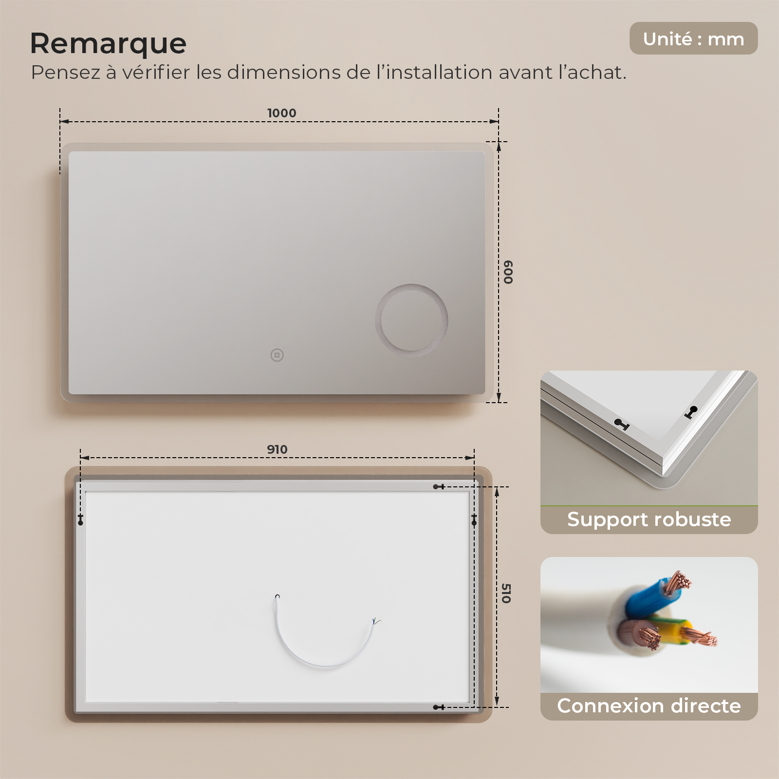 S'AFIELINA Miroir Lumineux rectangulaire grossissant 3x, Lumière blanche froide, Smart Touch 60 × 100 cm - 6