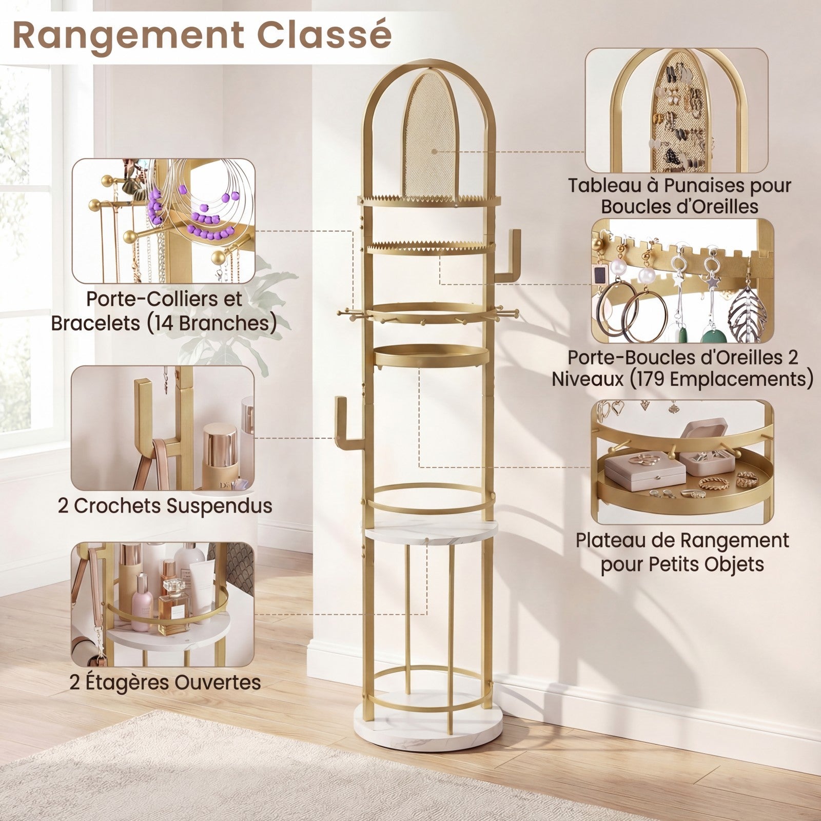 Support de Bijoux sur Pied Rotatif à 360° , Présentoir à Bijoux avec Porte-Boucles d'Oreilles, Colliers et 3 Étagères, Arbre de Rangement, Blanc - 3