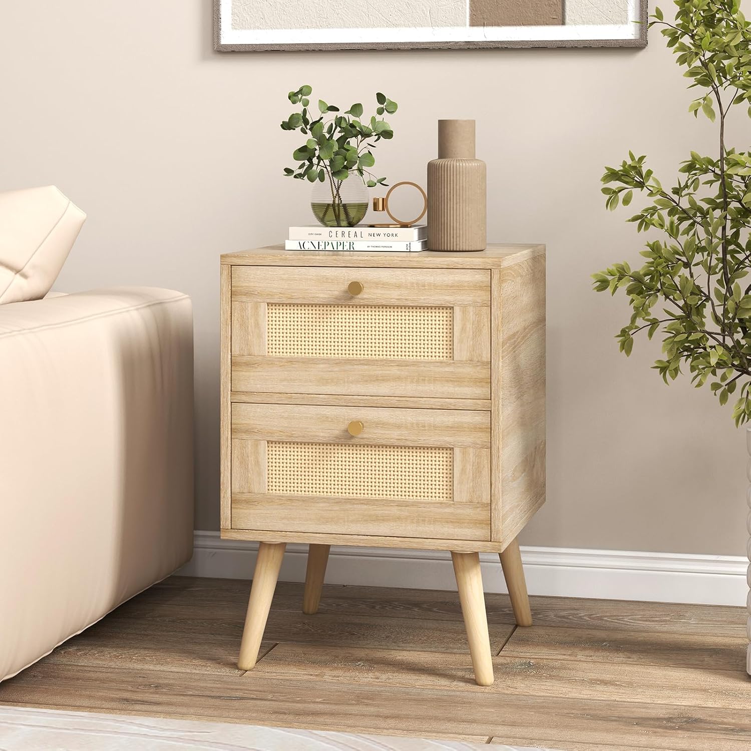 Comodino in Rattan con 2 Cassetti, Tavolini Laterali Moderni con Gambe in Legno Massello, per Soggiorno e Camera da Letto, 40 x 40 x 59 cm (1) - 9