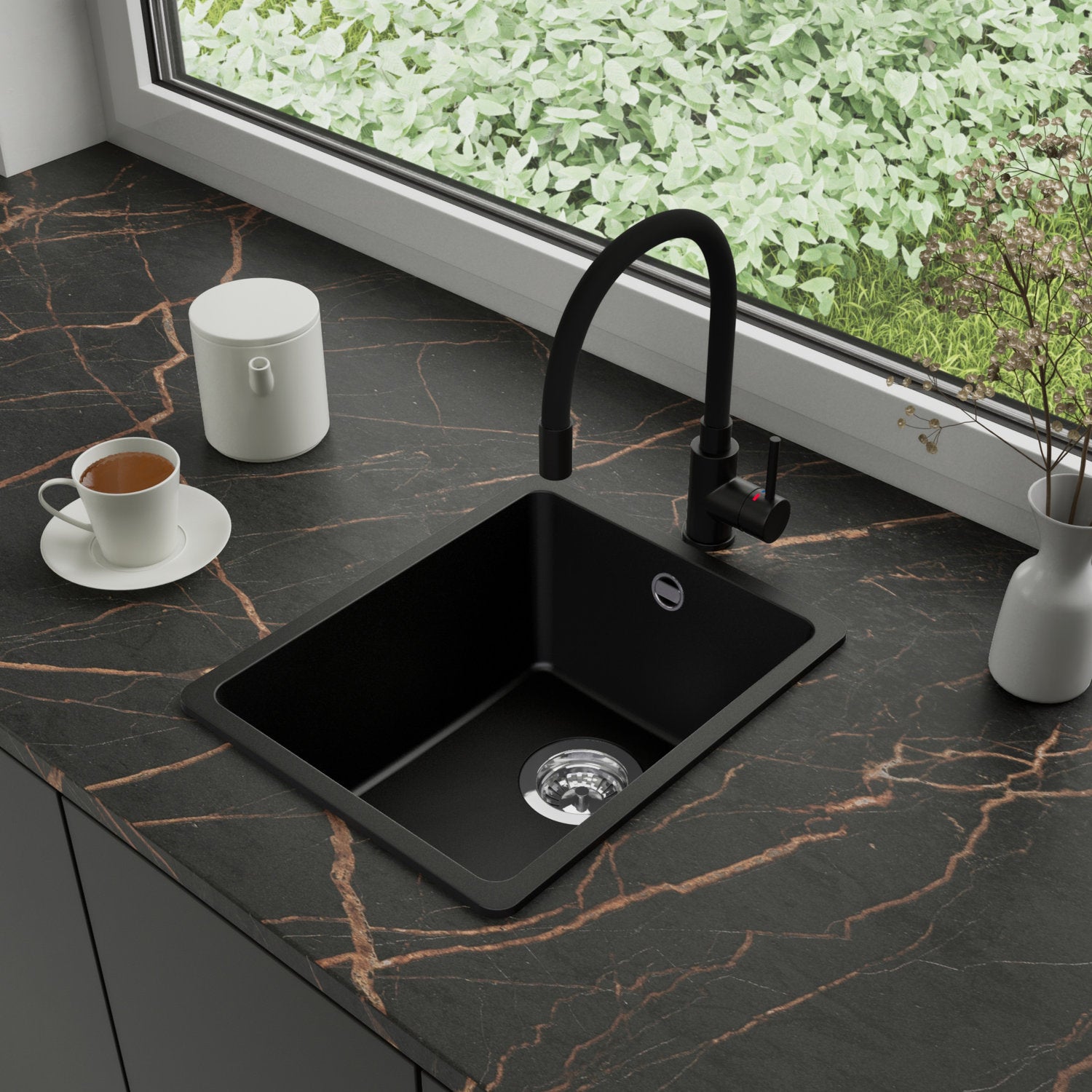 Zlewozmywak Granitowy 36x44cm, do szafki od 40cm + Bateria + Syfon - Garnet Czarny STONESTYLE