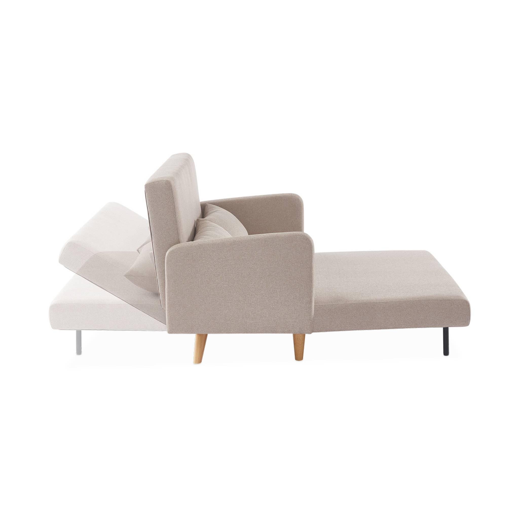 Divanetto letto clic clac 2 posti in tessuto, gambe in legno, Beige - 5