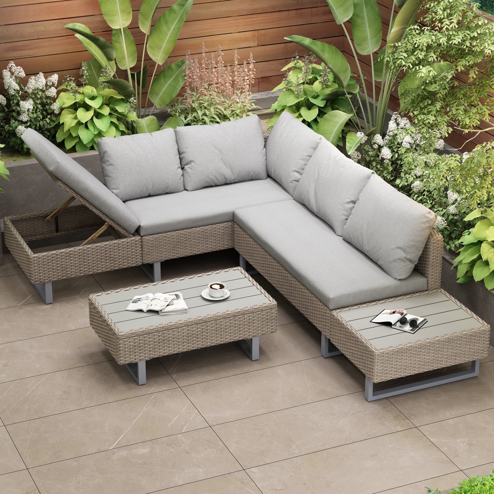 Salon de Jardin Exterieur en Rotin, Table de Jardin Exterieur avec Chaise, Canapé de Salon d'angle 4 Places avec Table et Coussins, Kaki - 5